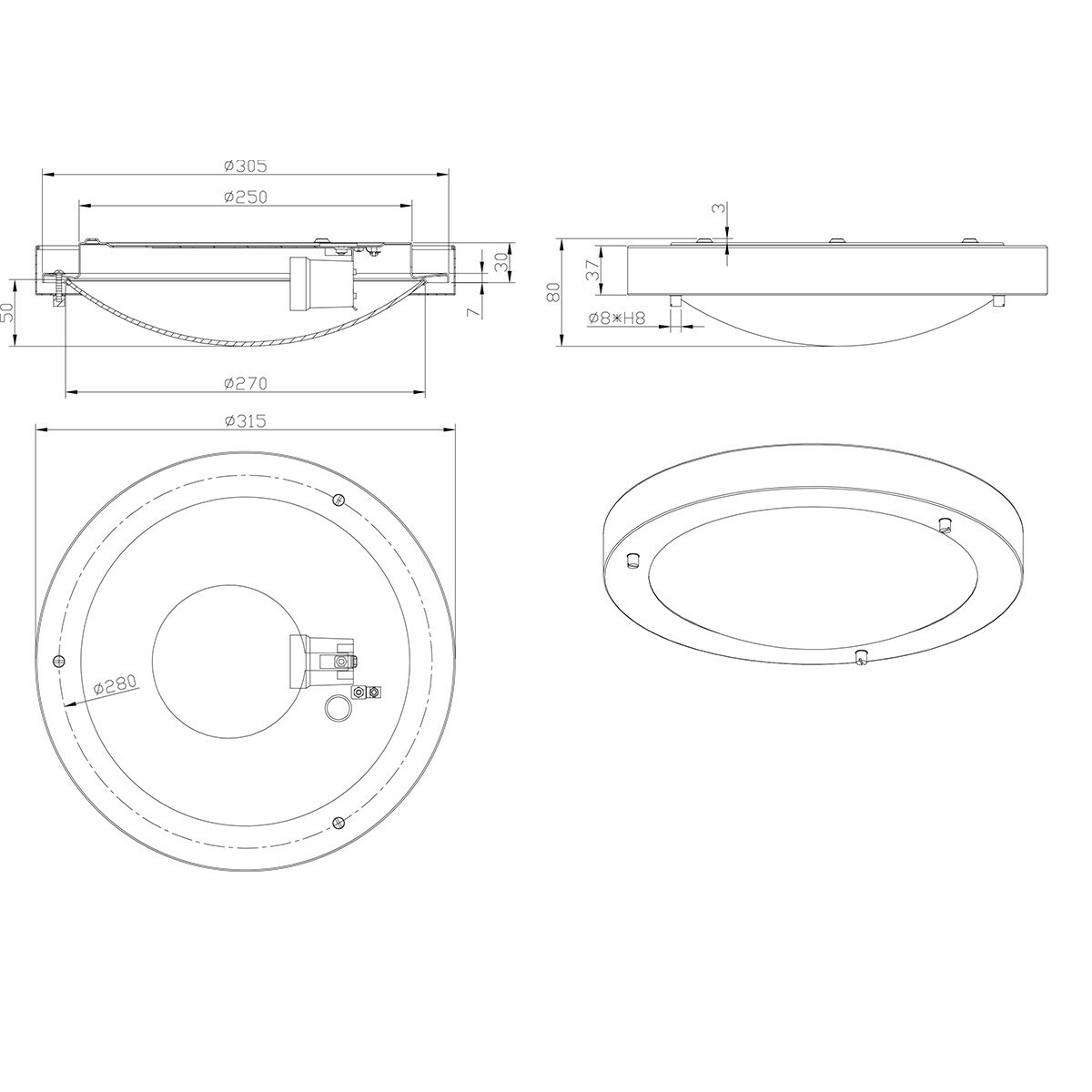 LED Plafondlamp - Badkamerlamp - Trion Condi - Opbouw Rond - Spatwaterdicht IP44 - E27 Fitting - Mat Zwart Aluminium - Ø310mm