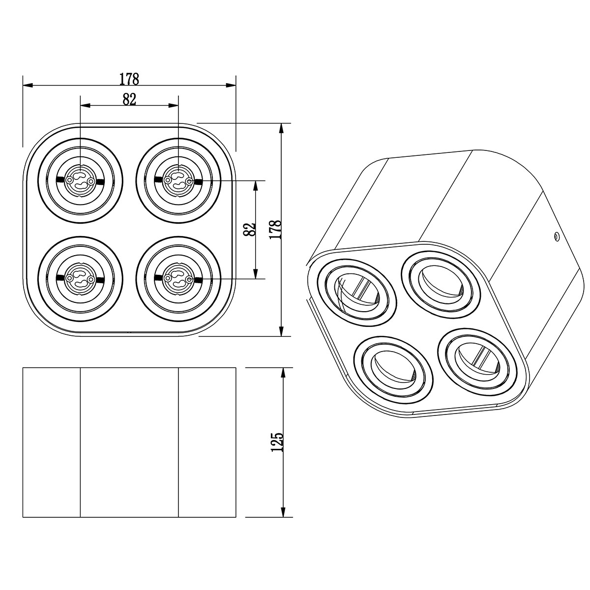 LED Plafondlamp - Plafondverlichting - Trion Cosmin - GU10 Fitting - 4-lichts - Vierkant - Mat Zwart - Aluminium