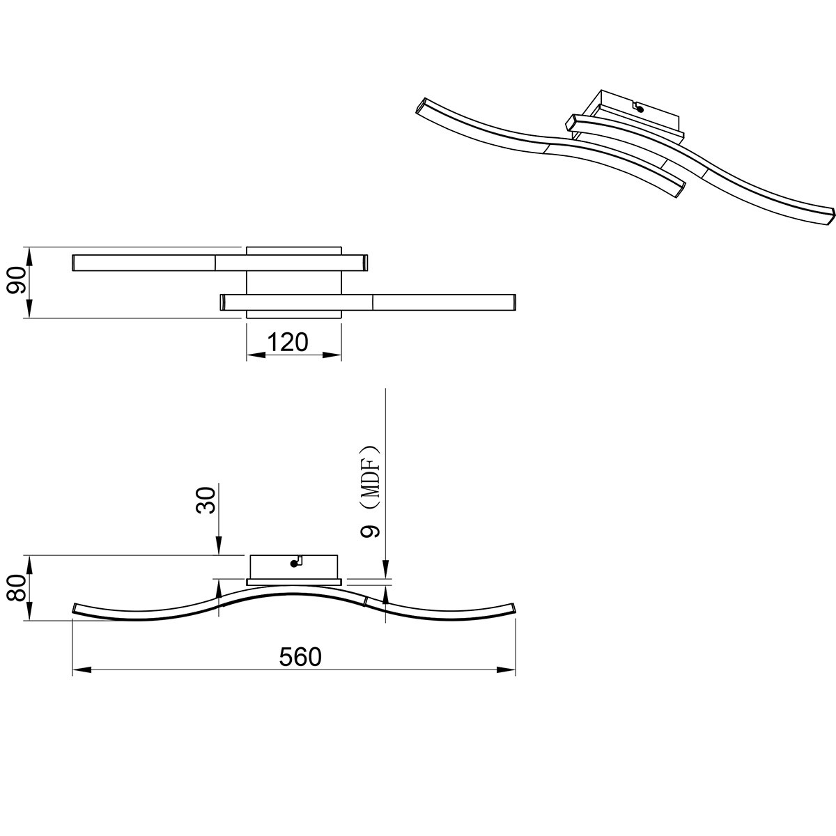 LED Plafondlamp - Plafondverlichting - Trion Dalga - 2-lichts - 5W - 3000K - Warm Wit - Gebogen Vorm - Bruin - MDF