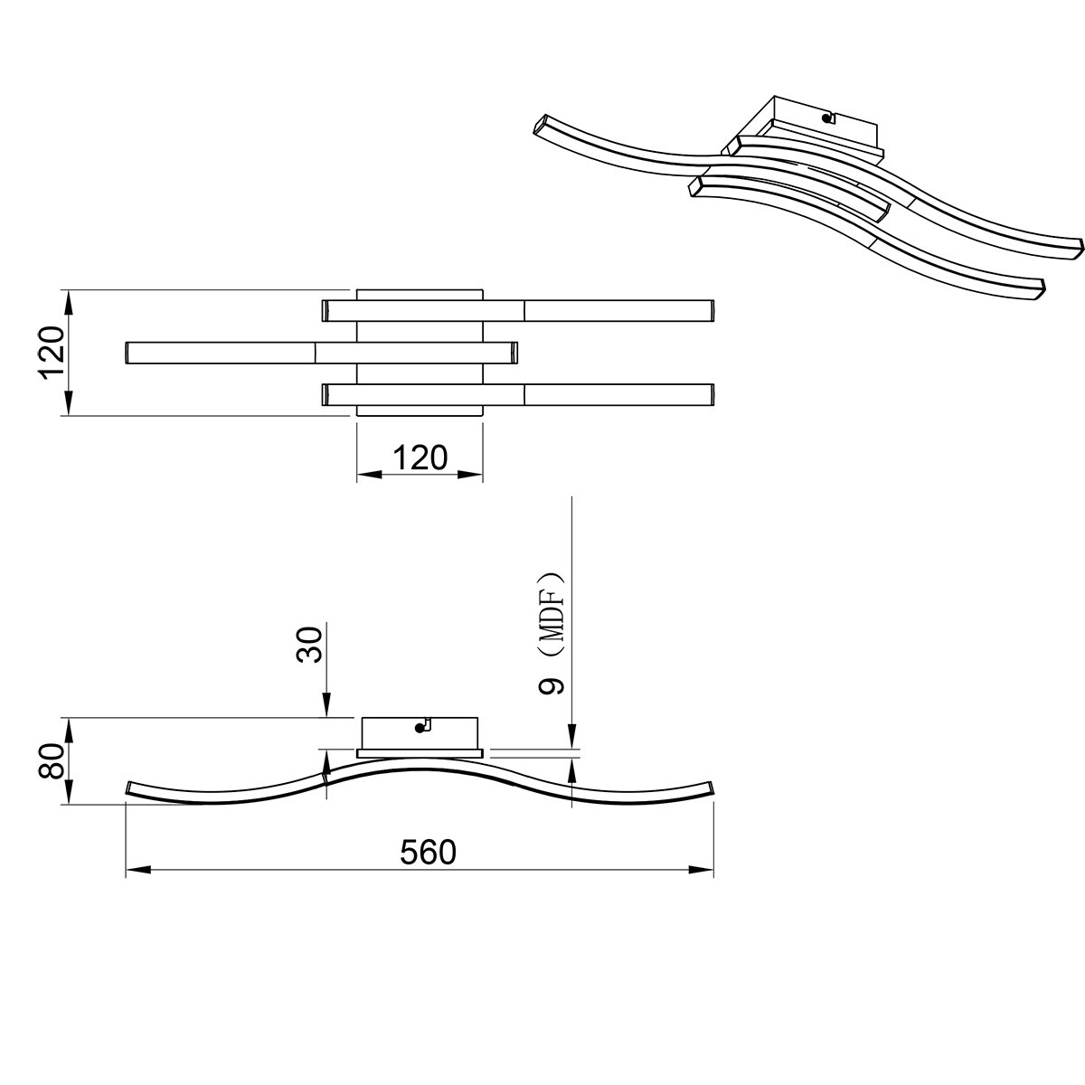 LED Plafondlamp - Plafondverlichting - Trion Dalga - 3-lichts - 5W - 3000K - Warm Wit - Gebogen Vorm - Bruin - MDF