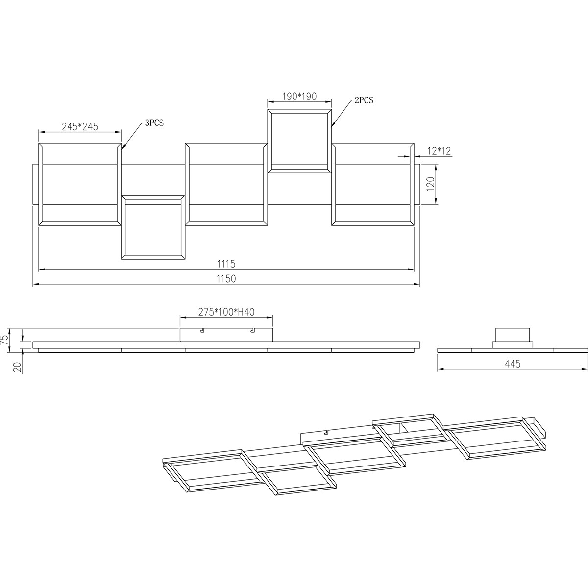 LED Plafondlamp - Plafondverlichting - Trion Harla - 42W - Warm Wit 3000K -  Dimbaar - Rechthoek - Mat Zwart - Aluminium