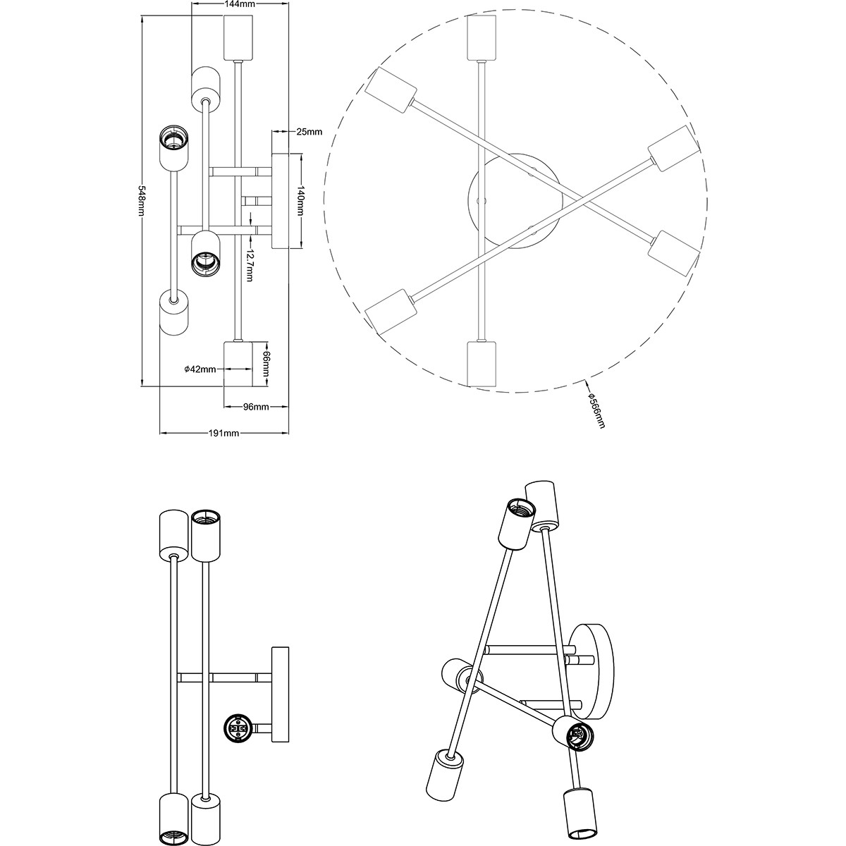 LED Plafondlamp - Plafondverlichting - Trion Ross - E27 Fitting - 6-lichts - Verstelbaar - Rond - Mat Zwart Aluminium