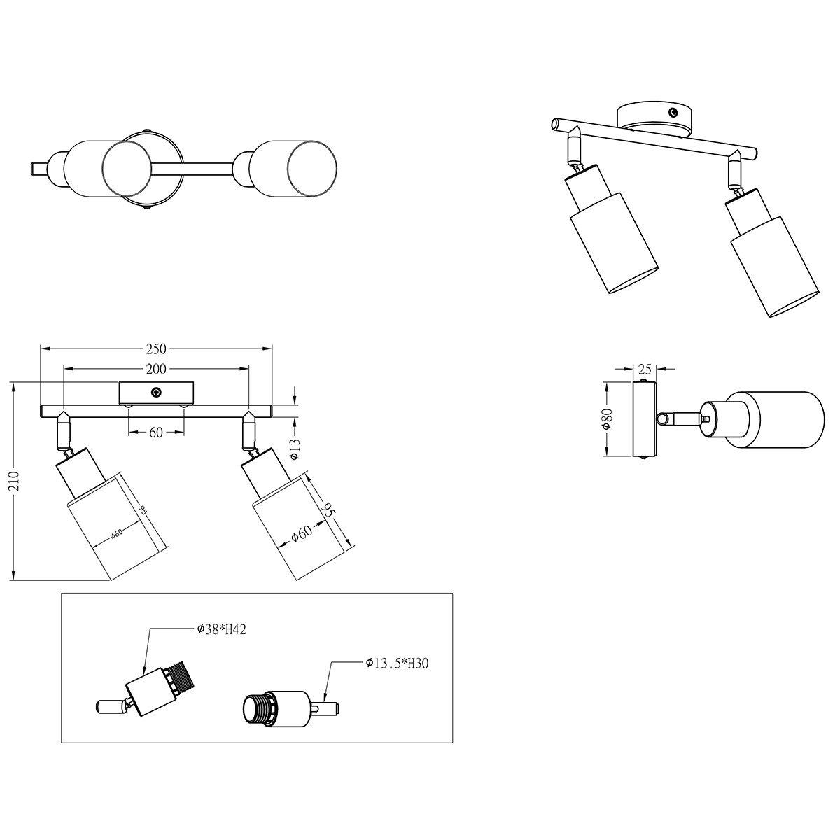 LED Plafondspot - Trion Smast - E14 Fitting - 2-lichts - Rechthoek - Mat Nikkel - Aluminium