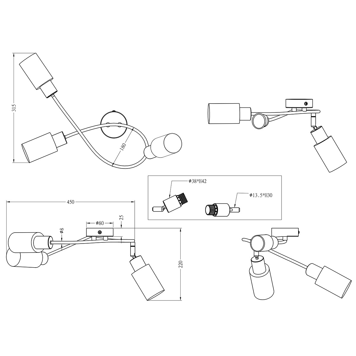 LED Plafondspot - Trion Smast - E14 Fitting - 3-lichts - Rechthoek - Mat Nikkel - Aluminium