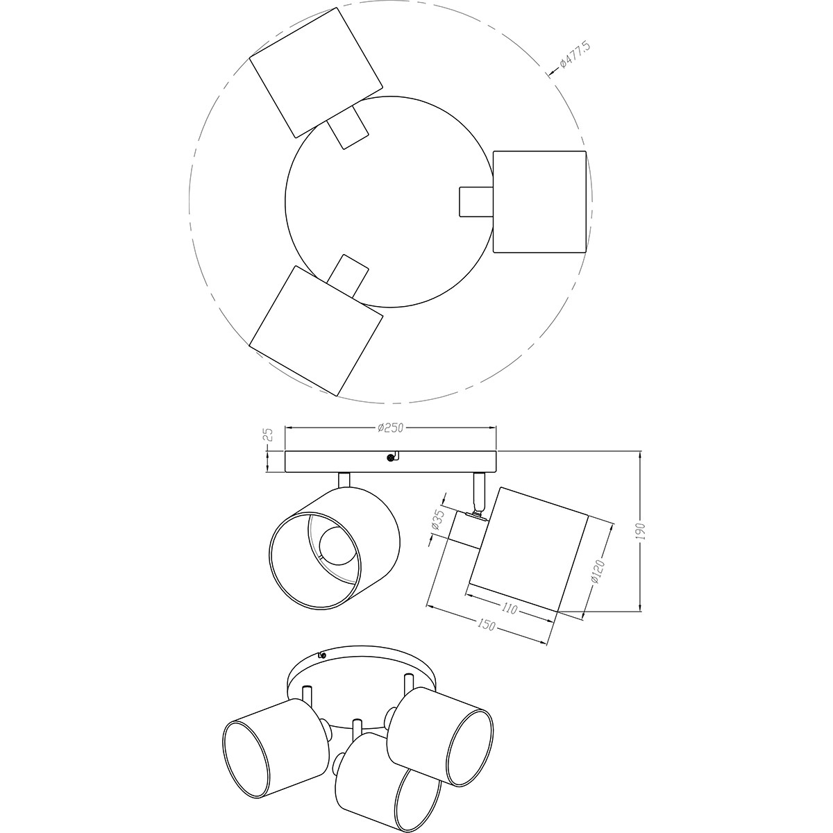 LED Plafondspot - Plafondverlichting - Trion Torry - E14 Fitting - 3-lichts - Rond - Mat Zwart - Aluminium