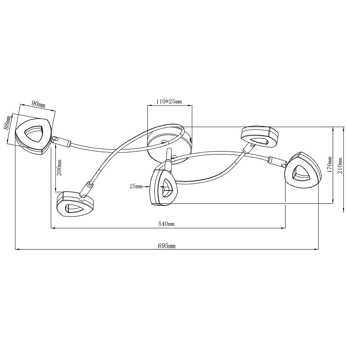 LED Plafondspot - Trion Turon - 20W - Warm Wit 3000K - 5-lichts - Rond - Mat Chroom - Aluminium