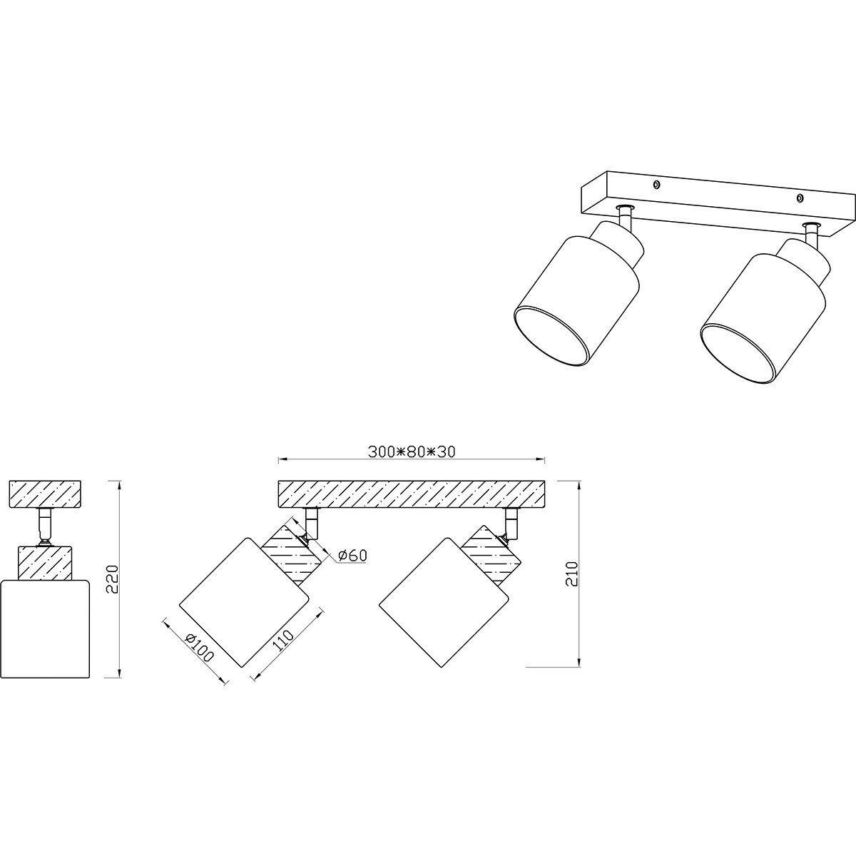 LED Plafondspot - Plafondverlichting - Trion Asmara - E14 Fitting - 2-lichts - Rechthoek - Mat Bruin - Hout