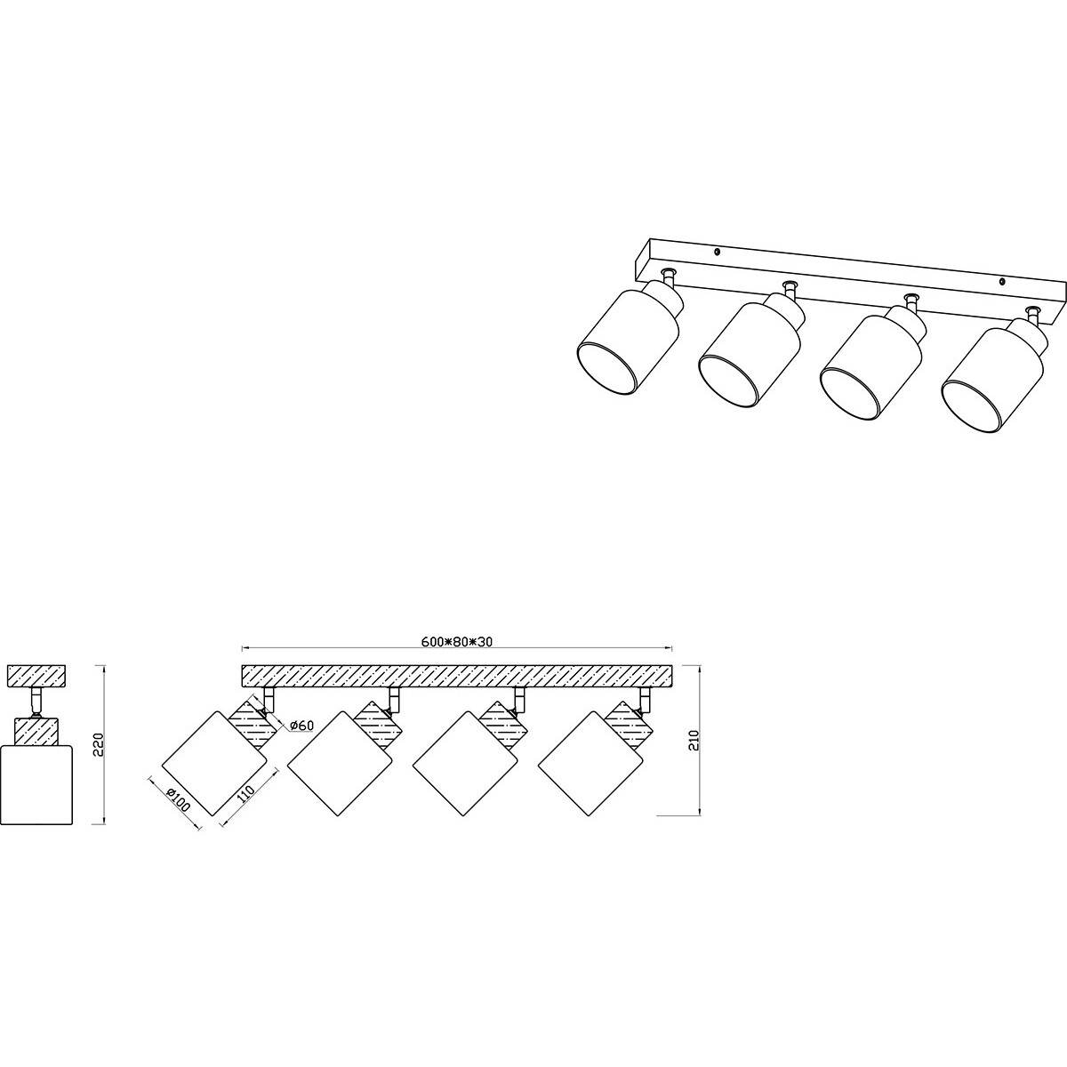 LED Plafondspot - Plafondverlichting - Trion Asmara - E14 Fitting - 4-lichts - Rechthoek - Mat Bruin - Hout