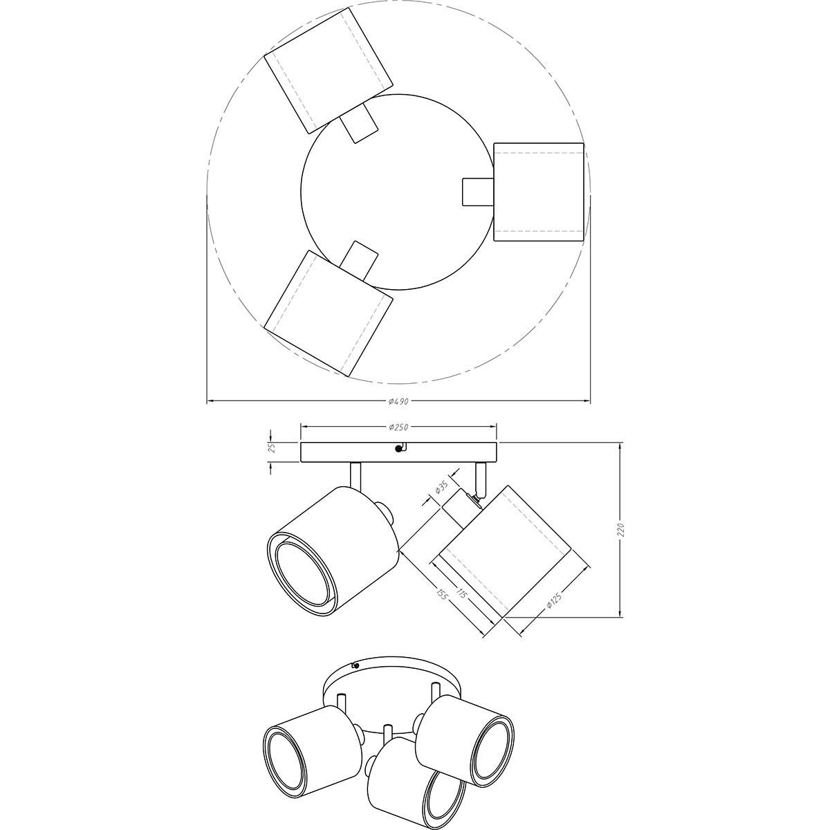 LED Plafondspot - Plafondverlichting - Trion Bidon - E14 Fitting - 3-lichts - Rond - Mat Zwart - Aluminium