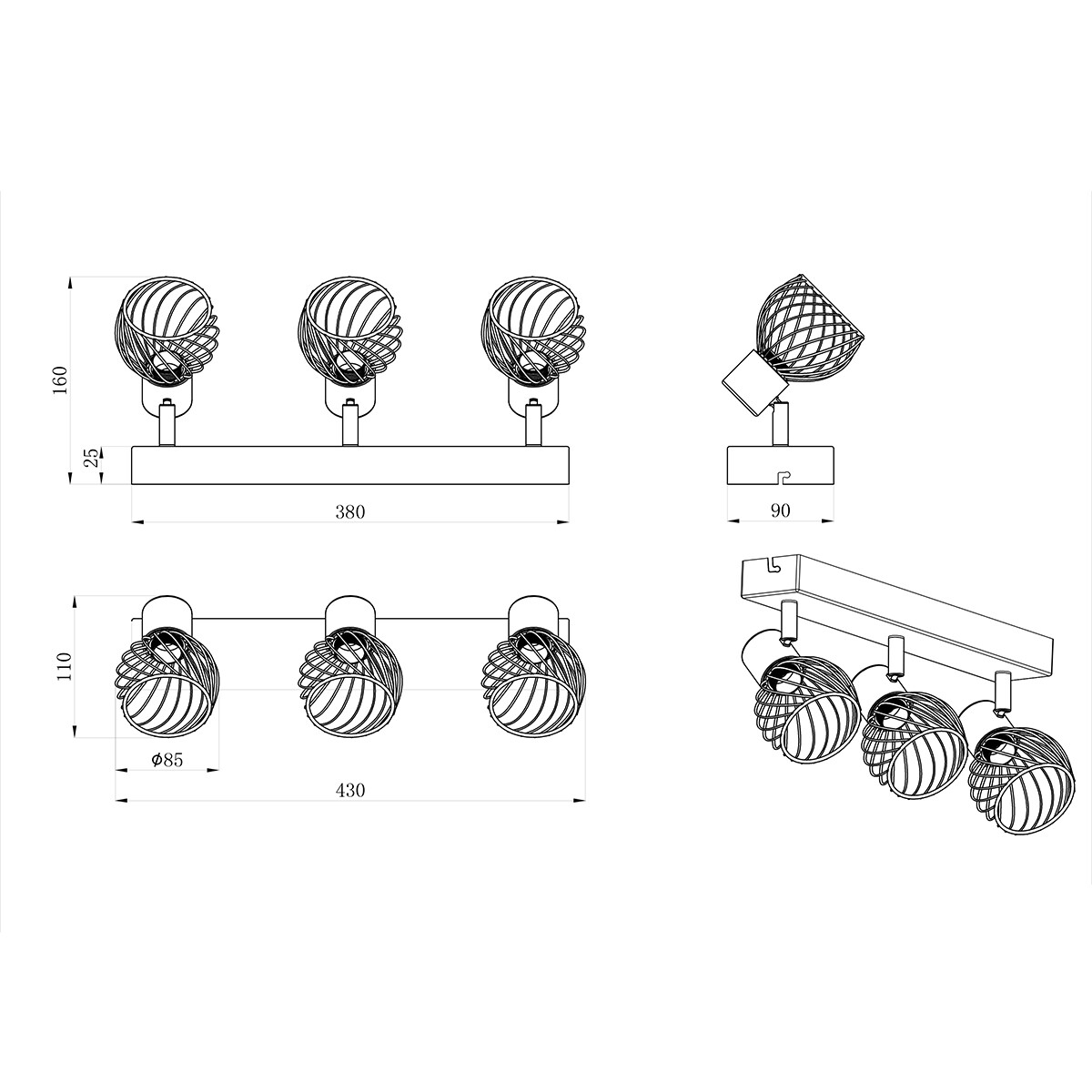 LED Plafondspot - Plafondverlichting - Trion Ordan - E14 Fitting - 3-lichts - Zwart/Goud