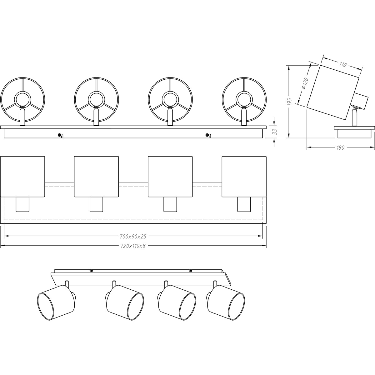 LED Plafondspot - Plafondverlichting - Trion Torry - E14 Fitting - 4-lichts - Rechthoek - Mat Bruin - Aluminium