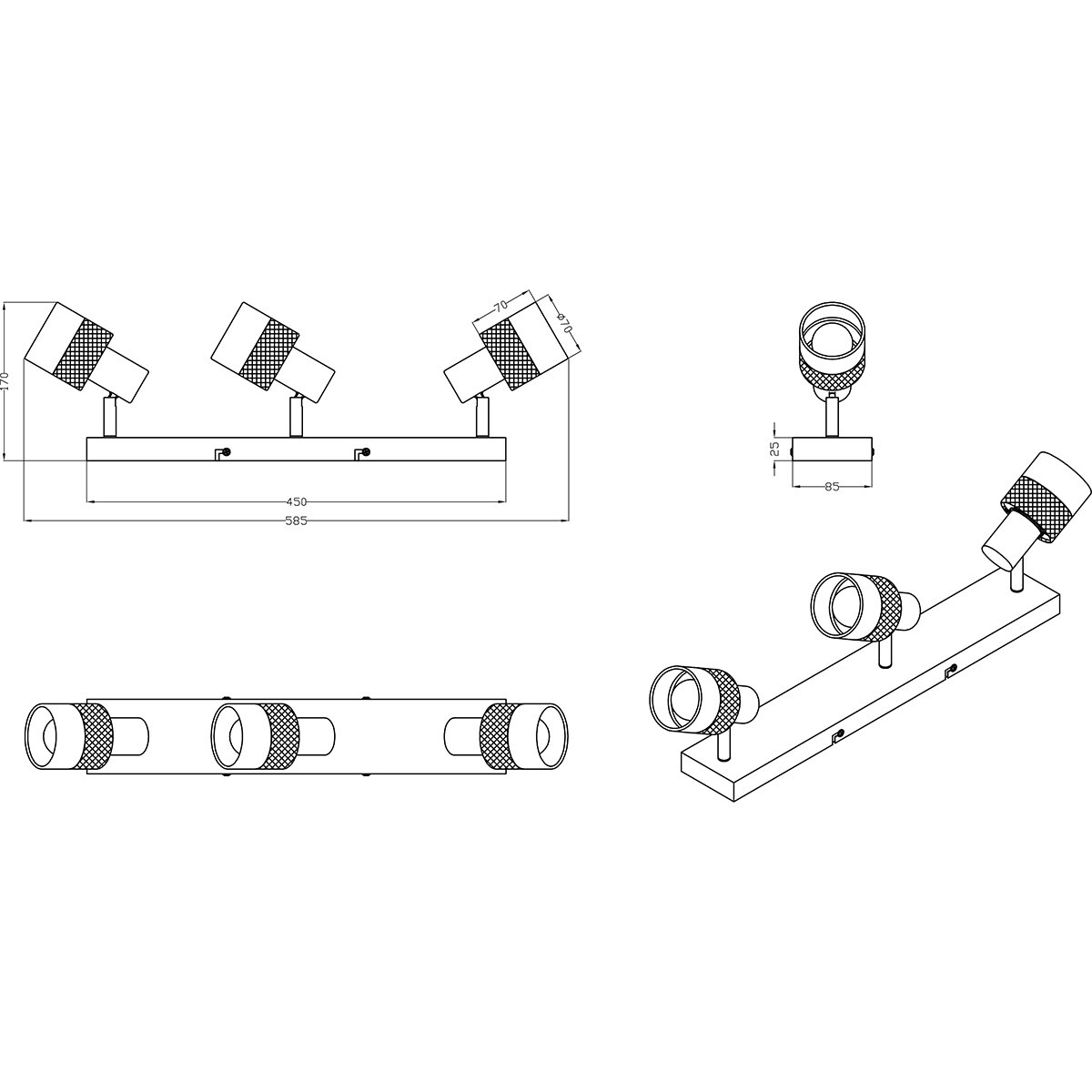 LED Plafondspot - Trion Dandini - E14 Fitting - 3-lichts - Rond - Mat Zwart - Metaal