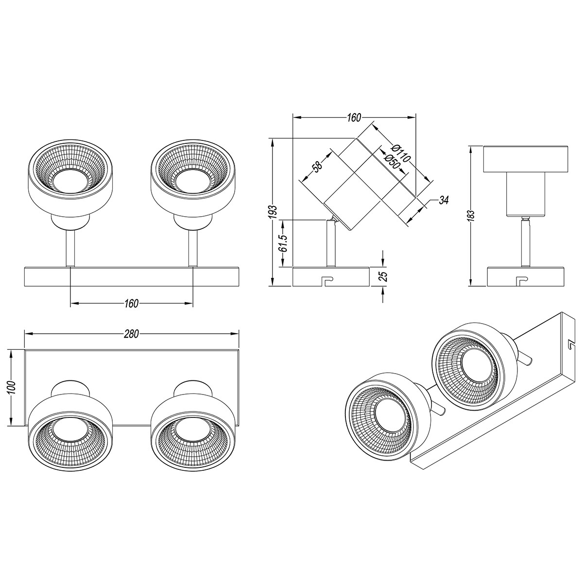 LED Plafondspot - Trion Leonida - GU10 Fitting - 2-lichts - Rechthoek - Mat Nikkel - Aluminium