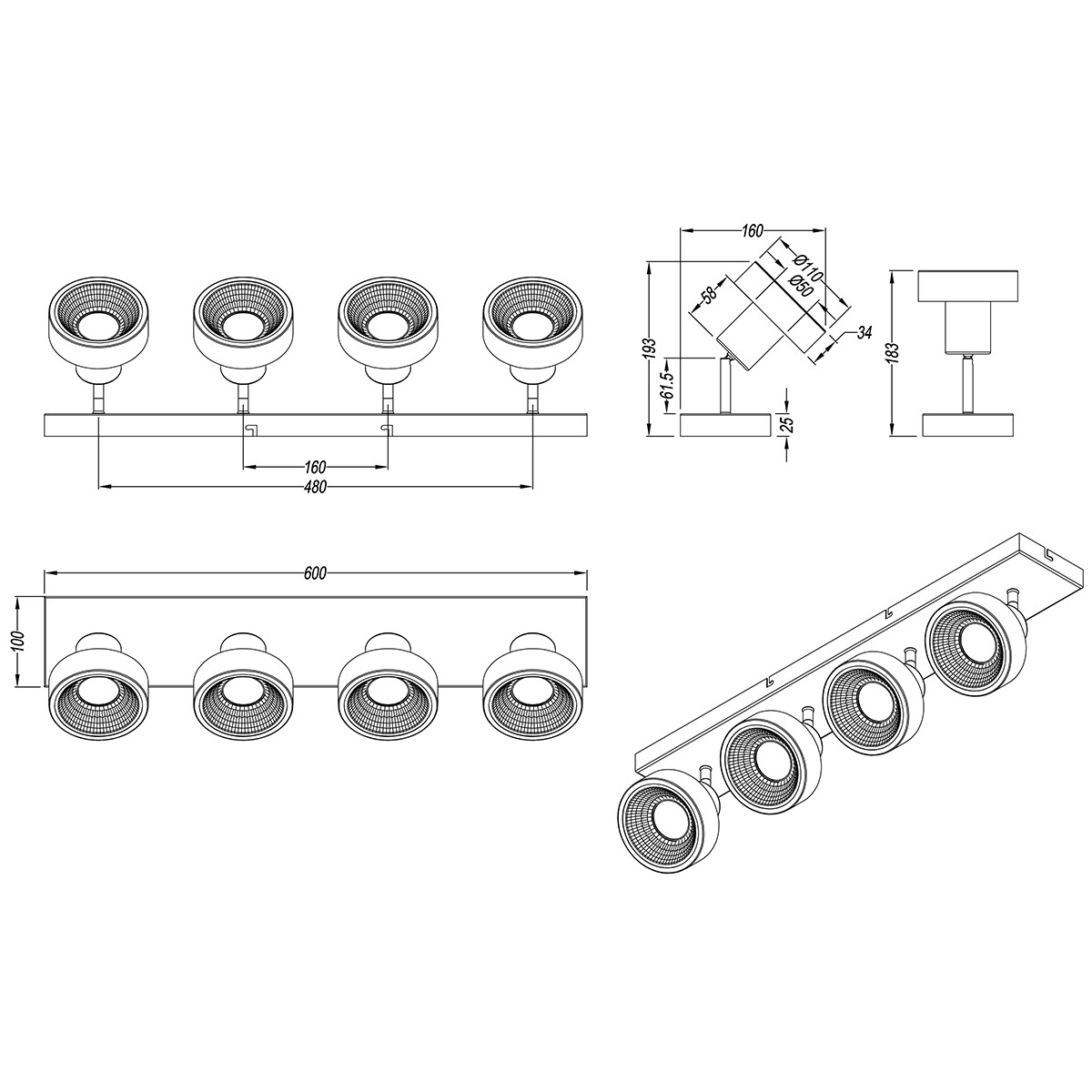 LED Plafondspot - Trion Leonida - GU10 Fitting - 4-lichts - Rechthoek - Mat Nikkel - Aluminium