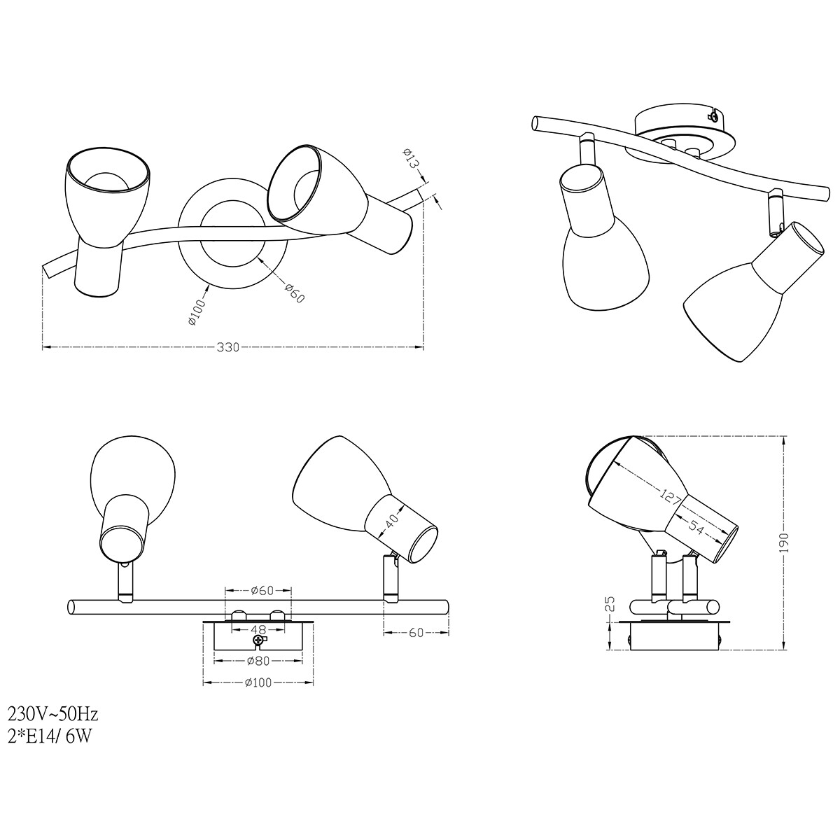 LED Plafondspot - Trion Levino - E14 Fitting - Warm Wit 3000K - 2-lichts - Rechthoek - Mat Goud - Aluminium