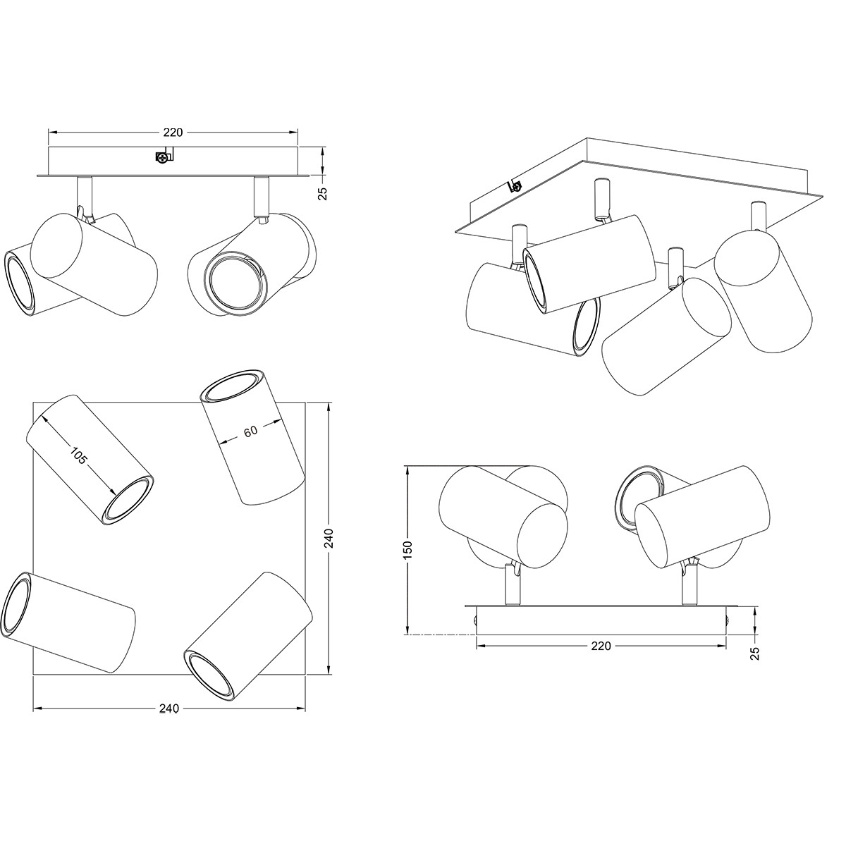 LED Plafondspot - Trion Mary - GU10 Fitting - 4-lichts - Vierkant - Mat Zwart - Aluminium