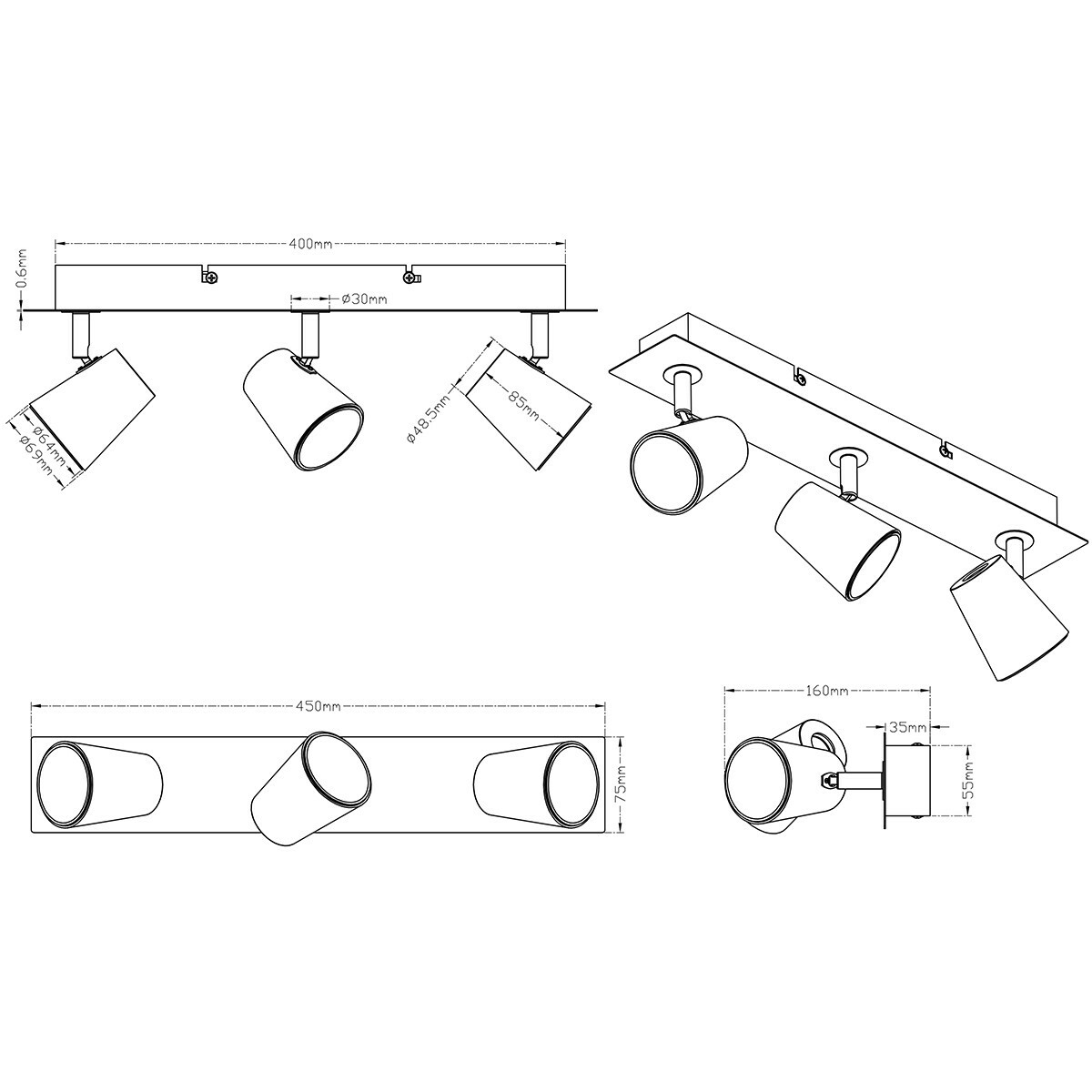 LED Plafondspot - Trion Narca - 18W - Warm Wit 3000K - 3-lichts - Rechthoek - Mat Wit - Aluminium