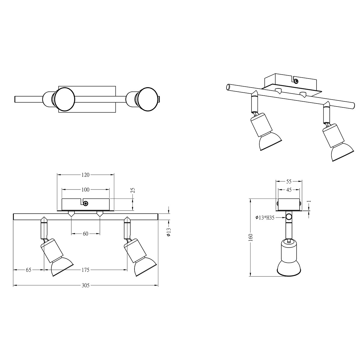 LED Plafondspot - Trion Nimo - GU10 Fitting - 6W - Warm Wit 3000K - 2-lichts - Rechthoek - Mat Nikkel - Aluminium