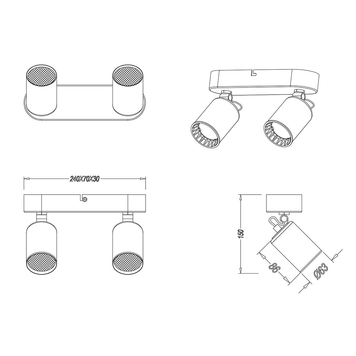 LED Plafondspot - Trion Pirlo - GU10 Fitting - 2-lichts - Rechthoek - Mat Zwart - Aluminium