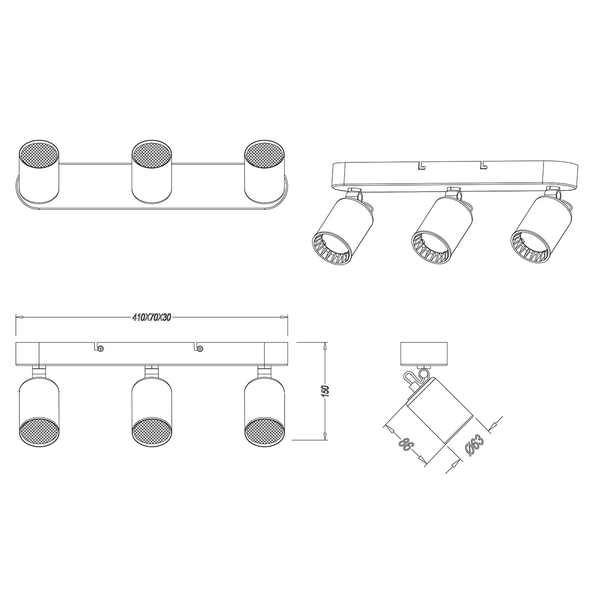 LED Plafondspot - Trion Pirlo - GU10 Fitting - 3-lichts - Rechthoek - Mat Zwart - Aluminium