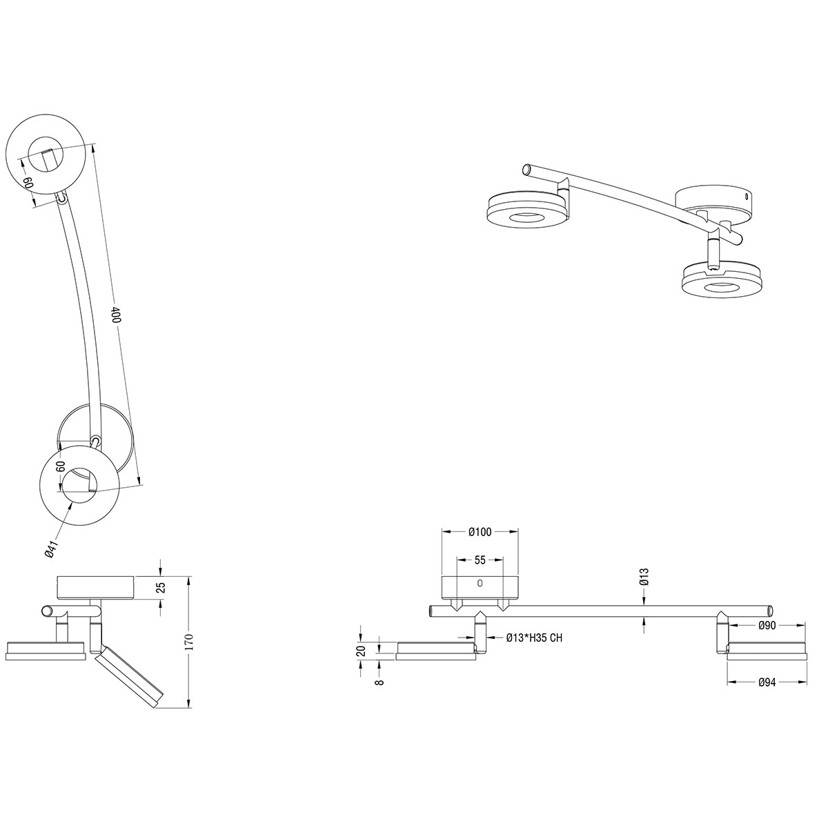 LED Plafondspot - Trion Renny - 8W - Warm Wit 3000K - 2-lichts - Rechthoek - Glans Chroom - Aluminium