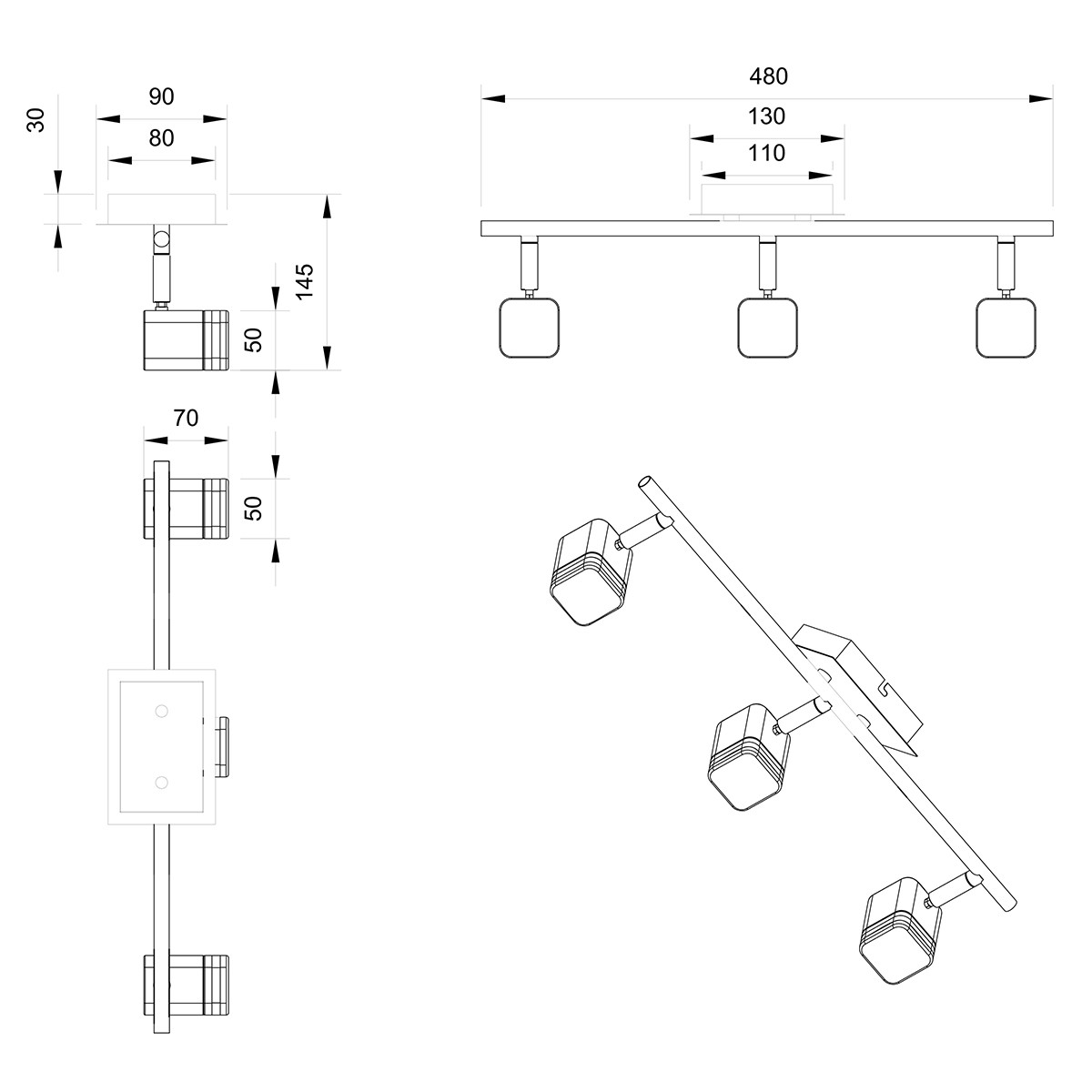 LED Plafondspot - Trion Ribon - 12W - Warm Wit 3000K - 3-lichts - Rechthoek - Mat Wit - Aluminium