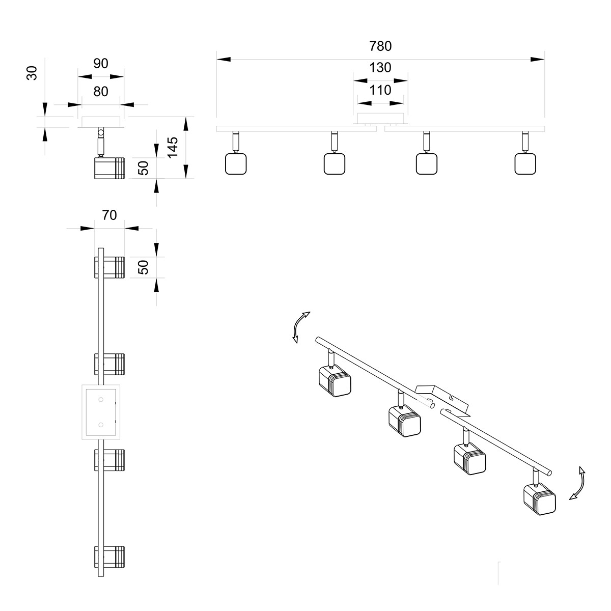 LED Plafondspot - Trion Ribon - 16W - Warm Wit 3000K - 4-lichts - Rechthoek - Mat Wit - Aluminium