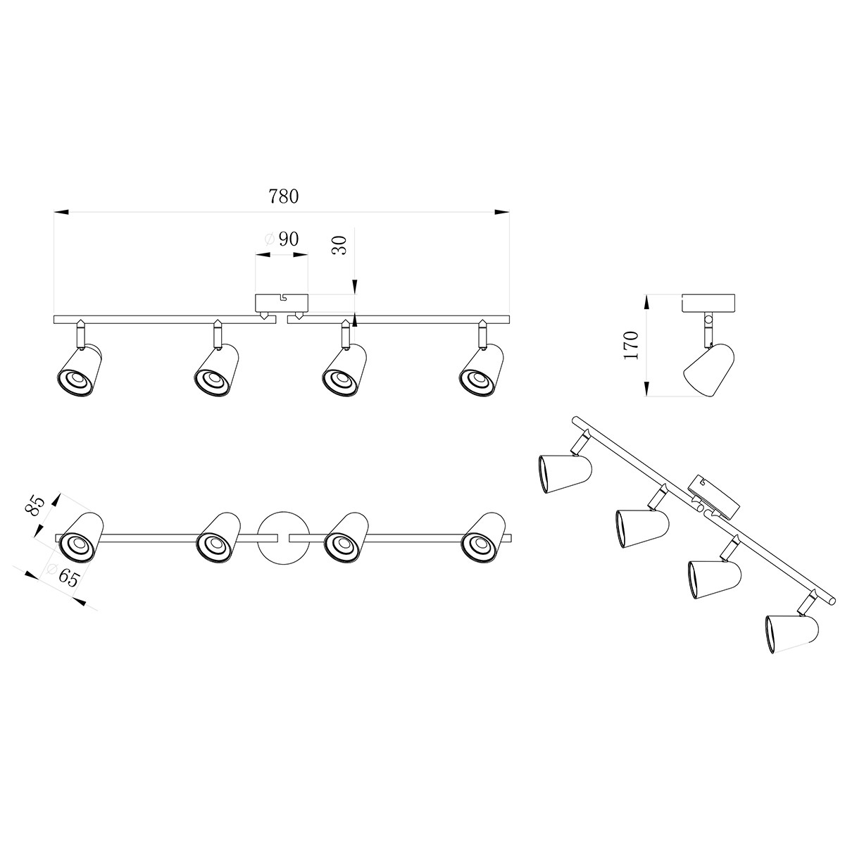 LED Plafondspot - Trion Toluno - 12W - Warm Wit 3000K - 4-lichts - Rechthoek - Mat Wit - Kunststof