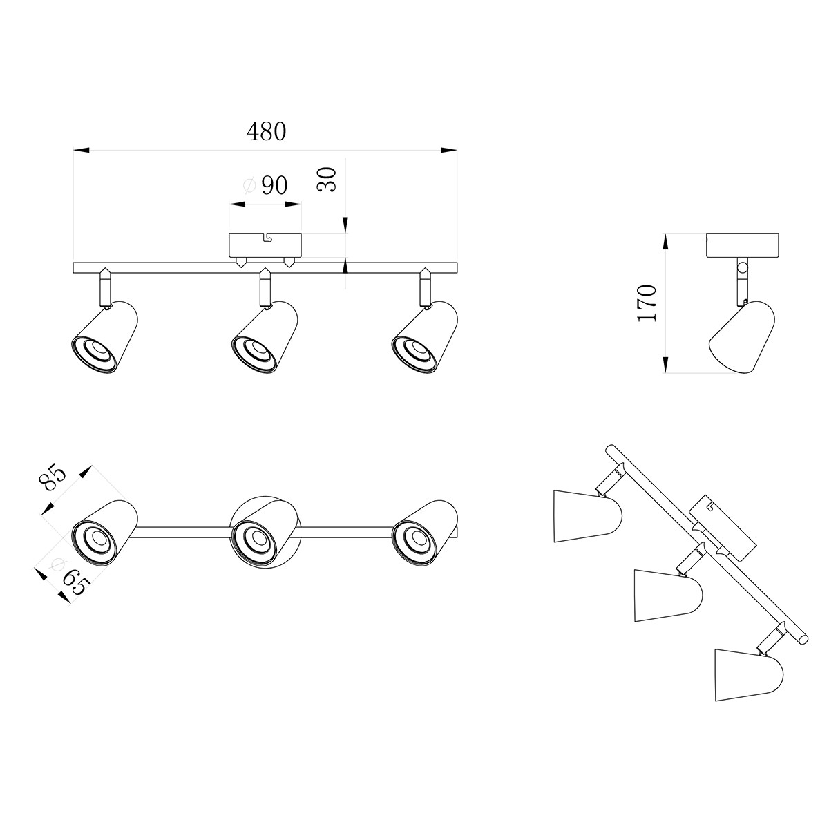 LED Plafondspot - Trion Toluno - 9W - Warm Wit 3000K - 3-lichts - Rechthoek - Mat Wit - Kunststof