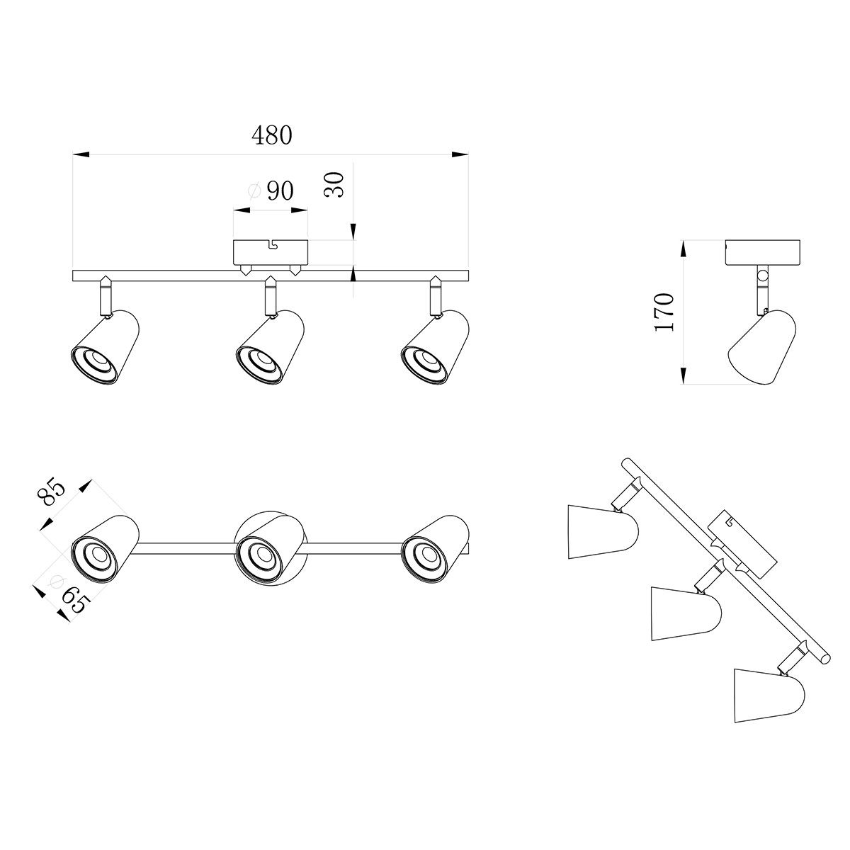 LED Plafondspot - Trion Toluno - 9W - Warm Wit 3000K - 3-lichts - Rechthoek - Mat Zwart - Kunststof