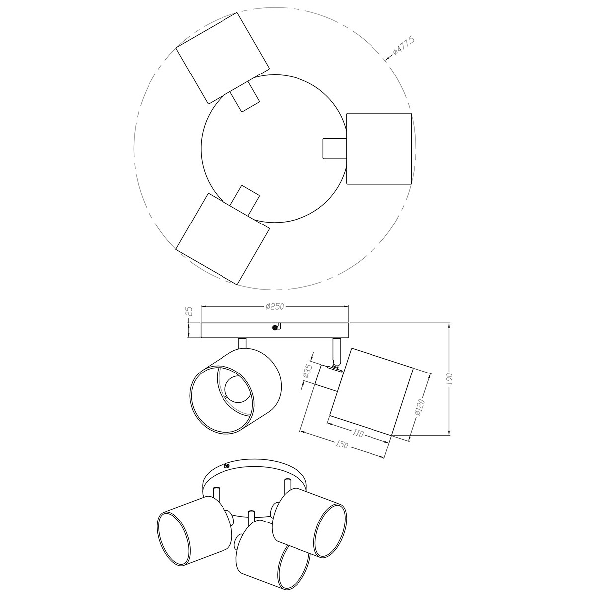 LED Plafondspot - Plafondverlichting - Trion Torry - E14 Fitting - 3-lichts - Rond - Mat Nikkel - Aluminium