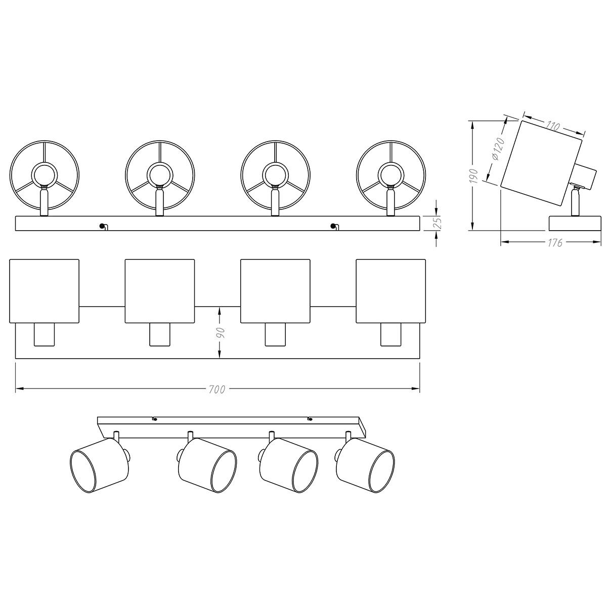 LED Plafondspot - Plafondverlichting - Trion Torry - E14 Fitting - 4-lichts - Rechthoek - Mat Nikkel - Aluminium