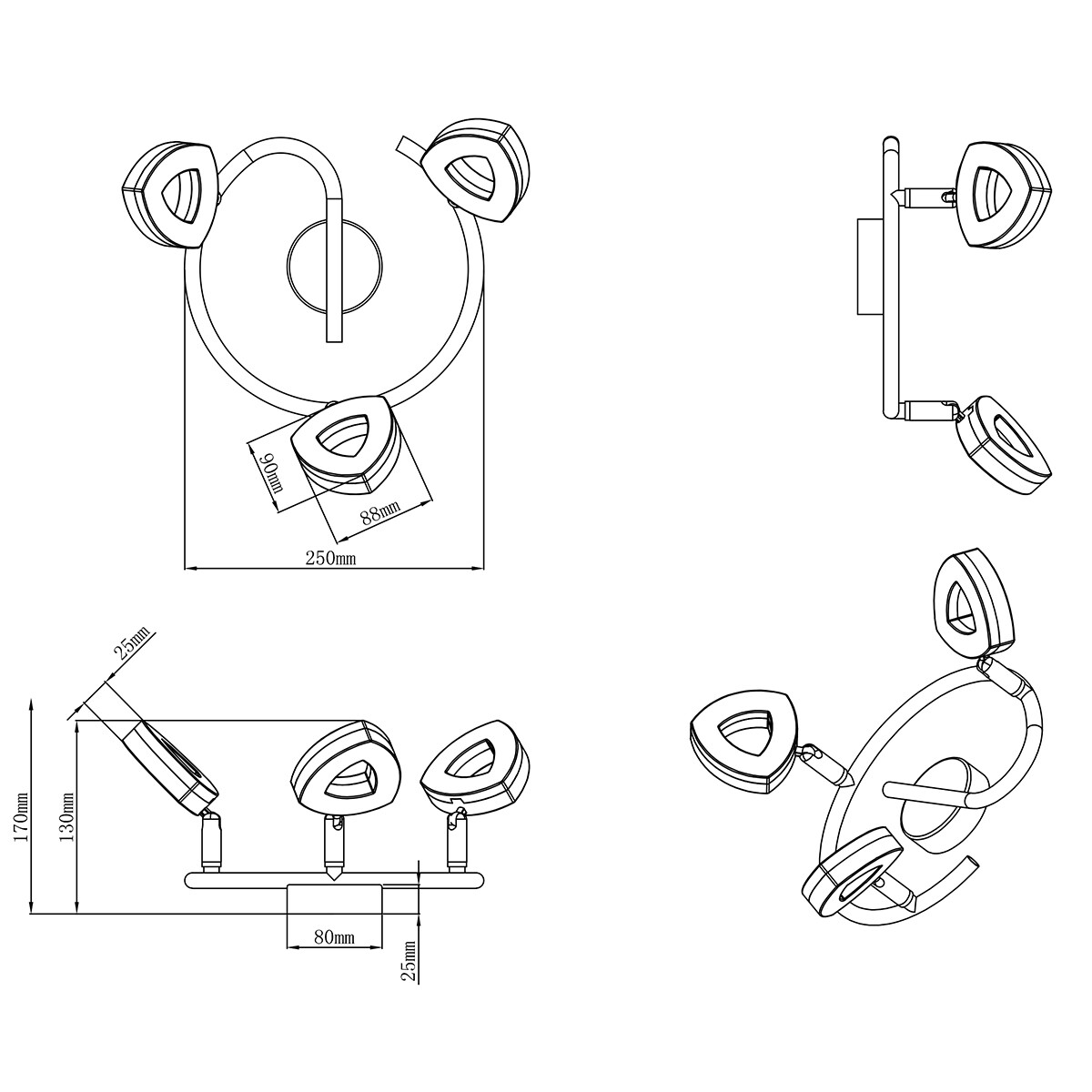 LED Plafondspot - Trion Turon - 12W - Warm Wit 3000K - 3-lichts - Rond - Mat Chroom - Aluminium