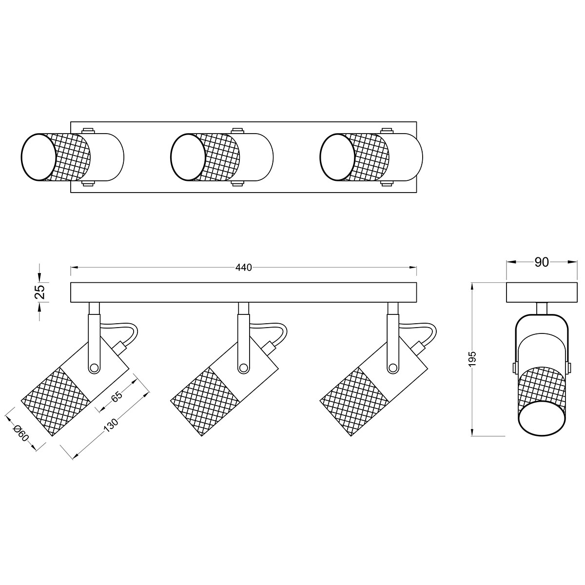 LED Plafondspot - Trion Yosh - E14 Fitting - 3-lichts - Rechthoek - Mat Zwart - Aluminium