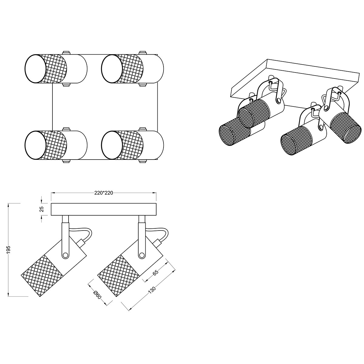 LED Plafondspot - Trion Yosh - E14 Fitting - 4-lichts - Vierkant - Mat Zwart - Aluminium