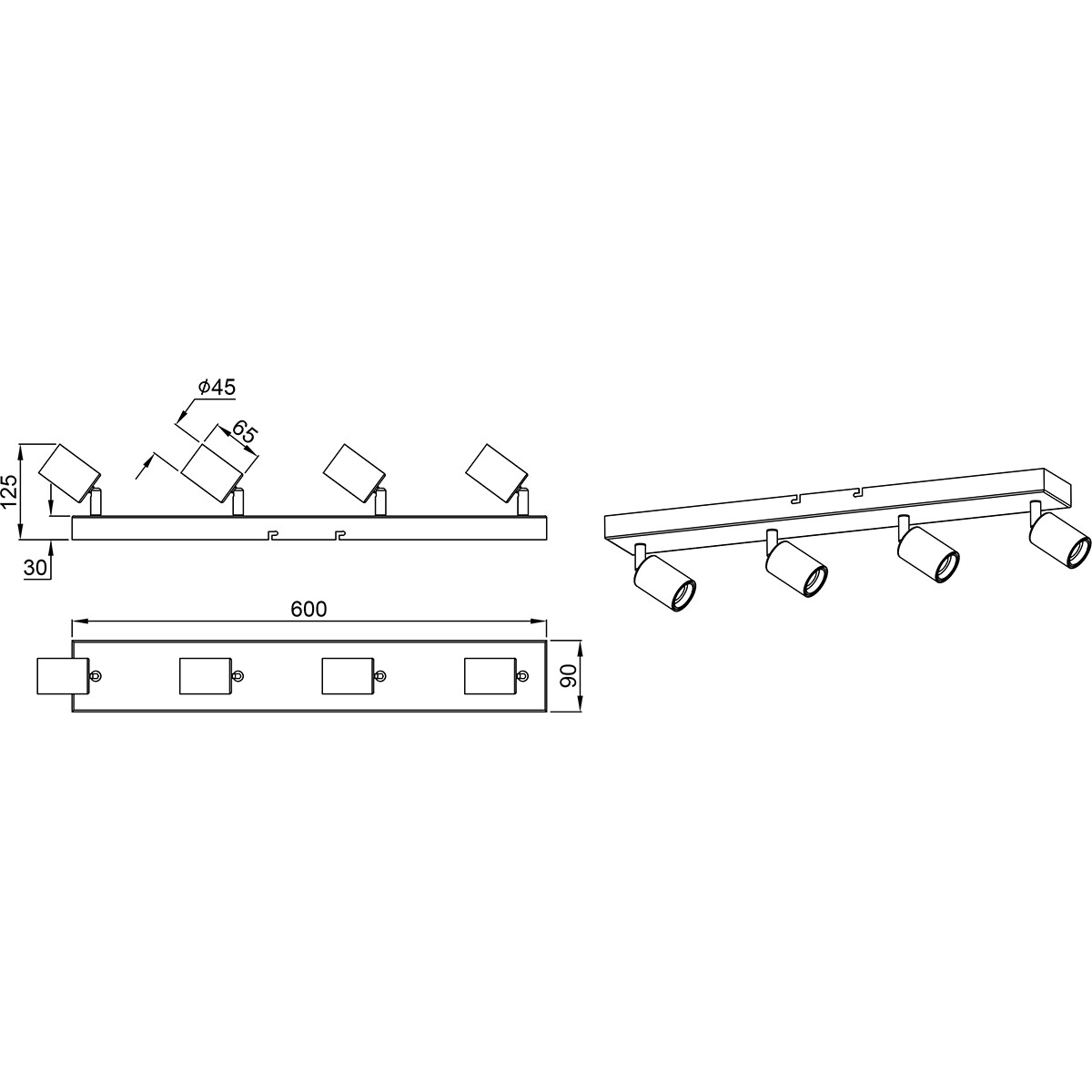 LED Plafondspot - Trion Zuncka - E27 Fitting - 4-lichts - Rechthoek - Mat Zwart - Aluminium