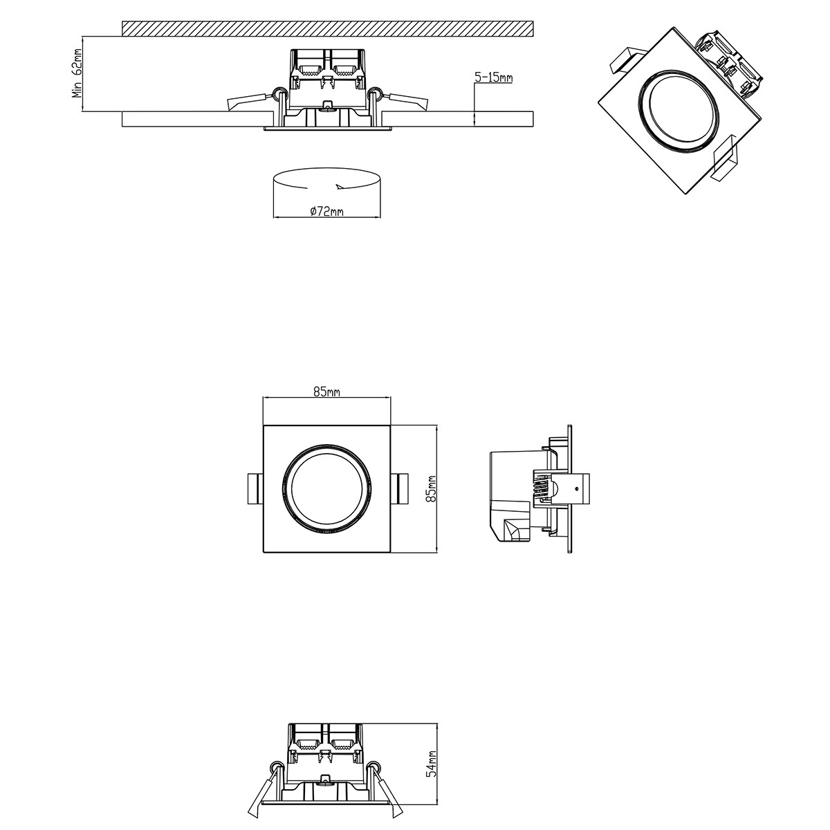 LED Spot 3 Pack - Inbouwspot - Trion Paniro - Vierkant 5W - Dimbaar - Warm Wit 3000K - Mat Wit - Aluminium - 80mm