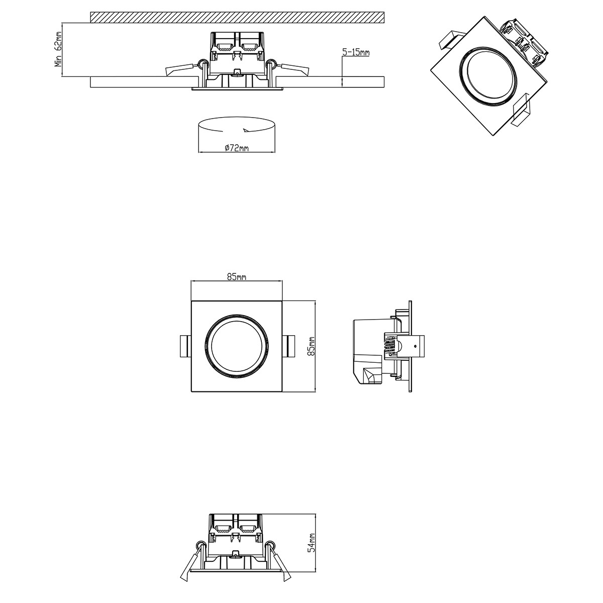 LED Spot - Inbouwspot - Trion Paniro - Vierkant 5W - Dimbaar - Warm Wit 3000K - Mat Zwart - Aluminium - 80mm