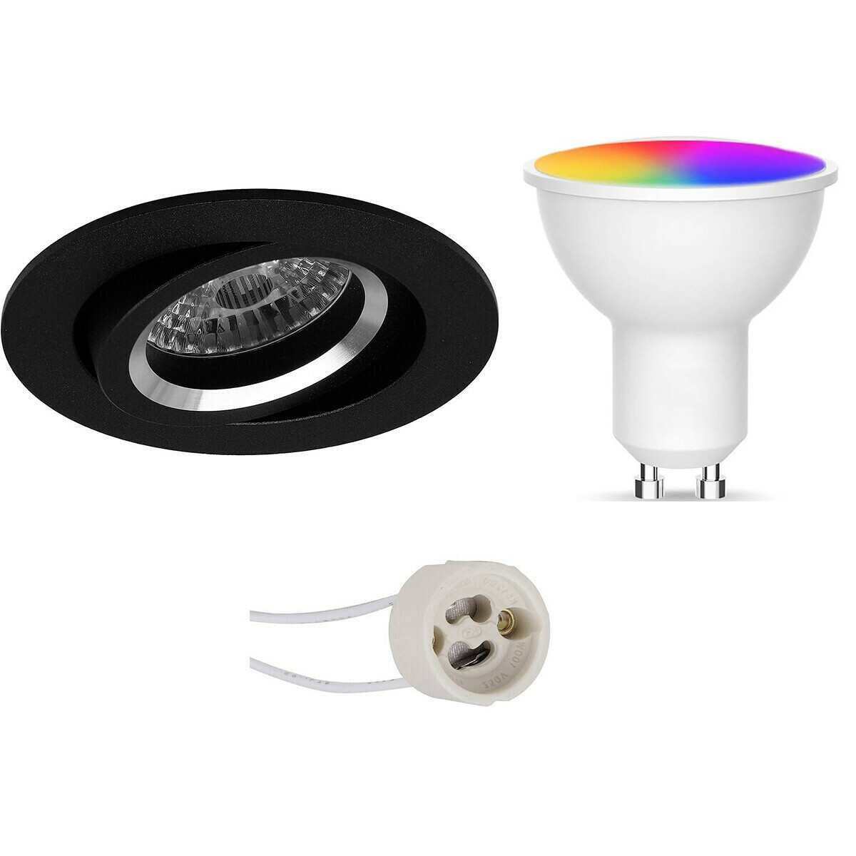 LED Spot Set GU10 - Facto - Smart LED - Wifi LED - Slimme LED - 5W - RGB+CCT - Aanpasbare Kleur - Dimbaar - Afstandsbediening - Pragmi Aerony Pro - Inbouw Rond - Mat Zwart - Kantel