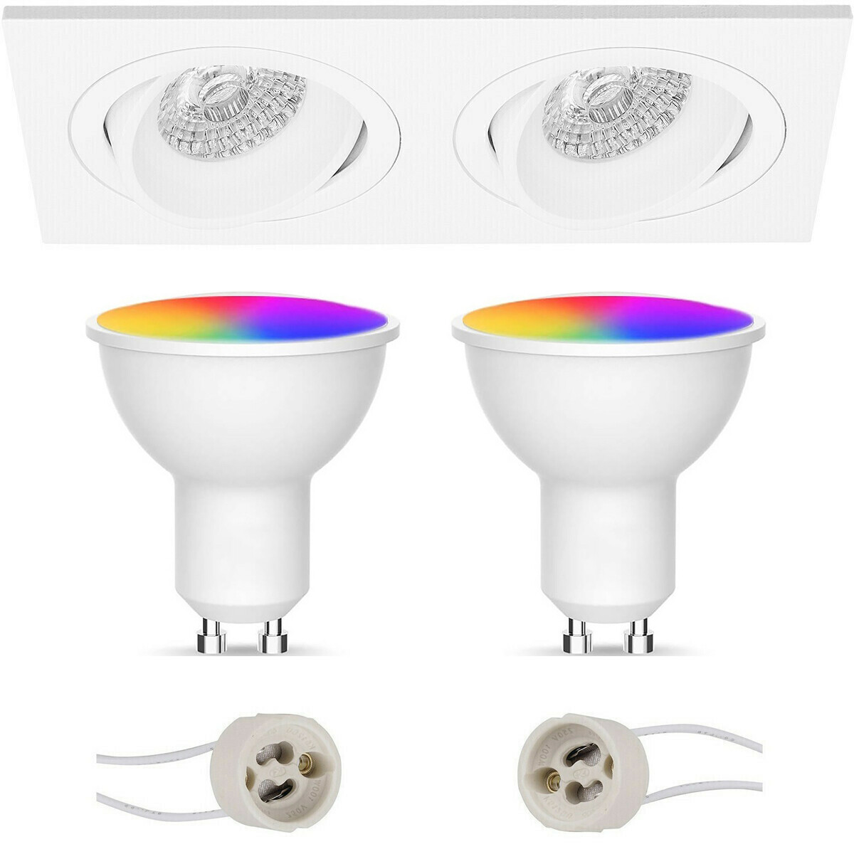 LED Spot Set GU10 - Facto - Smart LED - Wifi LED - Slimme LED - 5W - RGB+CCT - Aanpasbare Kleur - Dimbaar - Afstandsbediening - Pragmi Borny Pro - Inbouw Rechthoek Dubbel - Mat Wit