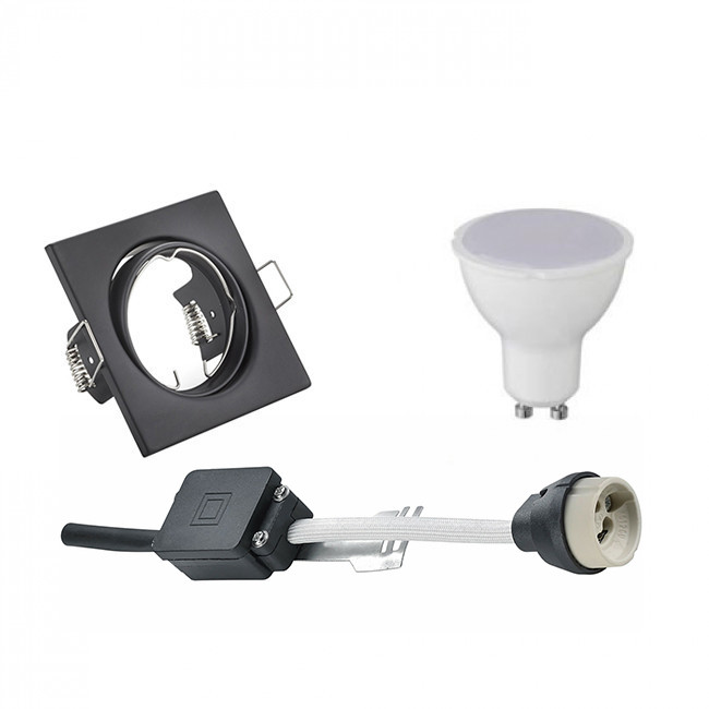 LED Spot Set Trion GU10 Fitting Inbouw Vierkant Mat Zwart 4W Warm Wit 3000K Kantelbaar 80mm