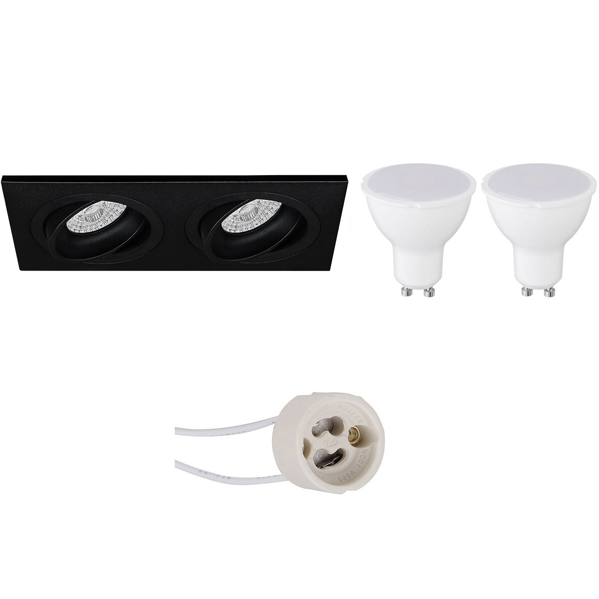 LED Spot Set Pragmi Borny Pro GU10 Fitting Dimbaar Inbouw Rechthoek Dubbel Mat Zwart 6W Warm Wit 300