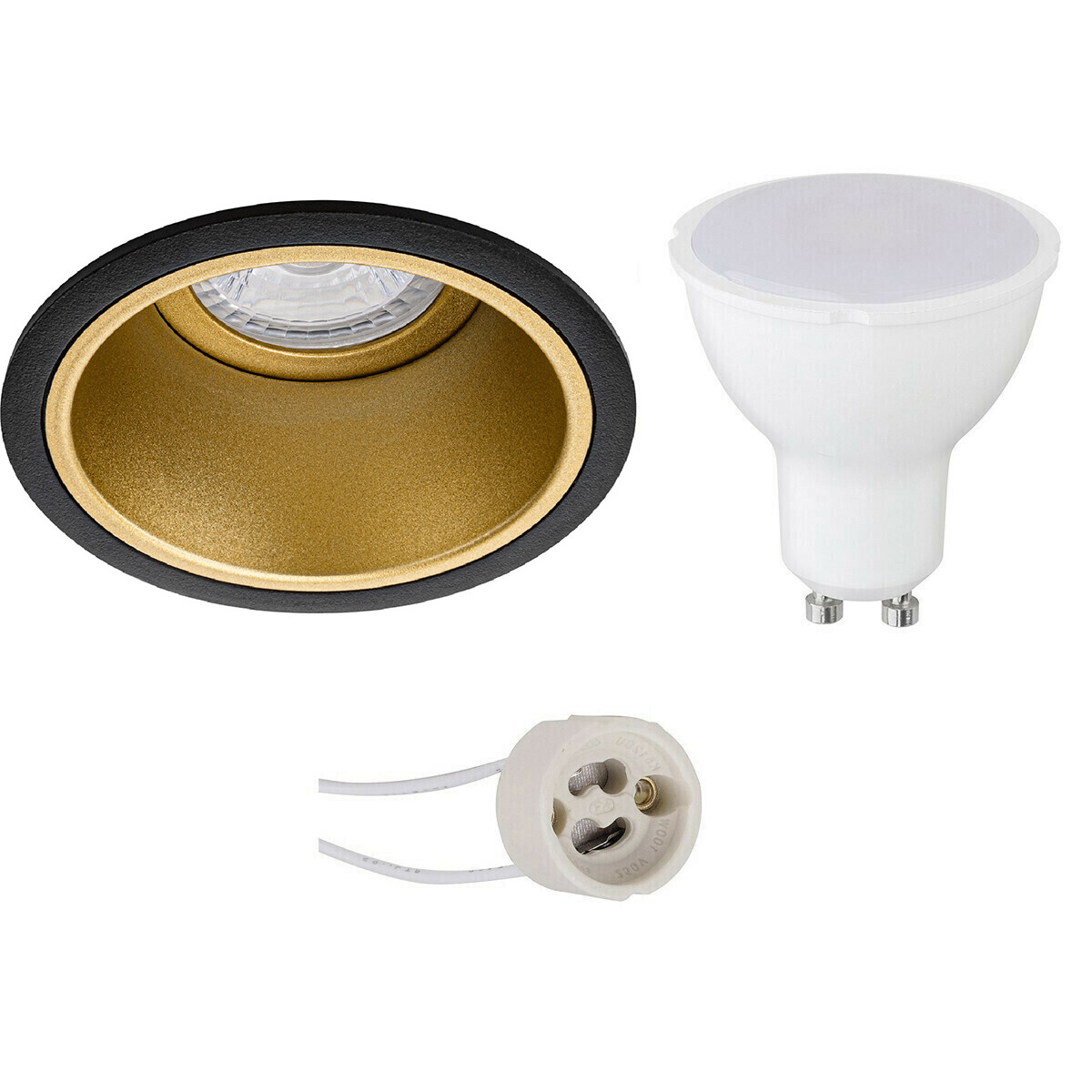 LED Spot Set - Pragmi Minko Pro - GU10 Fitting - Dimbaar - Inbouw Rond - Mat Zwart/Goud - 6W - Helder/Koud Wit 6400K - Verdiept - Ø90mm