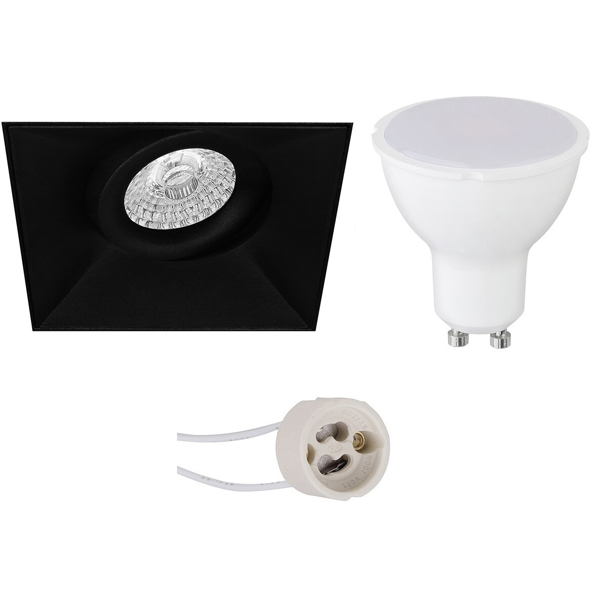 LED Spot Set - Pragmi Nivas Pro - GU10 Fitting - Dimbaar - Inbouw Vierkant - Mat Zwart - 6W - Helder/Koud Wit 6400K - Trimless - Kantelbaar - 150mm