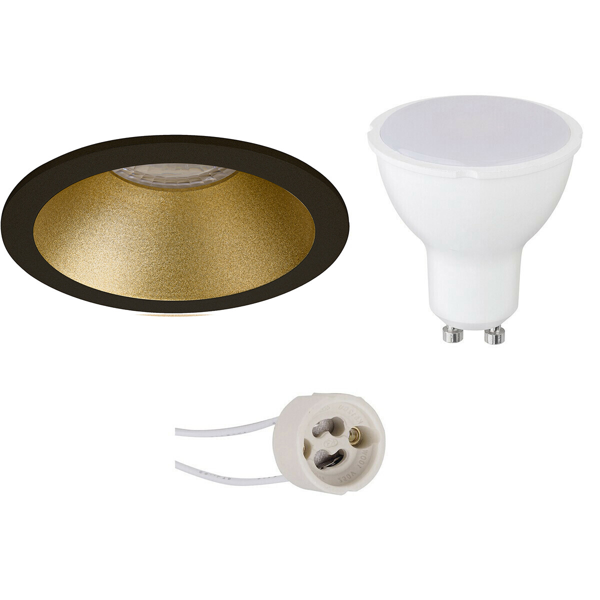 LED Spot Set - Aigi - Pragmi Pollon Pro - GU10 Fitting - Inbouw Rond - Mat Zwart/Goud - 8W - Helder/Koud Wit 6400K - Verdiept - Ø82mm