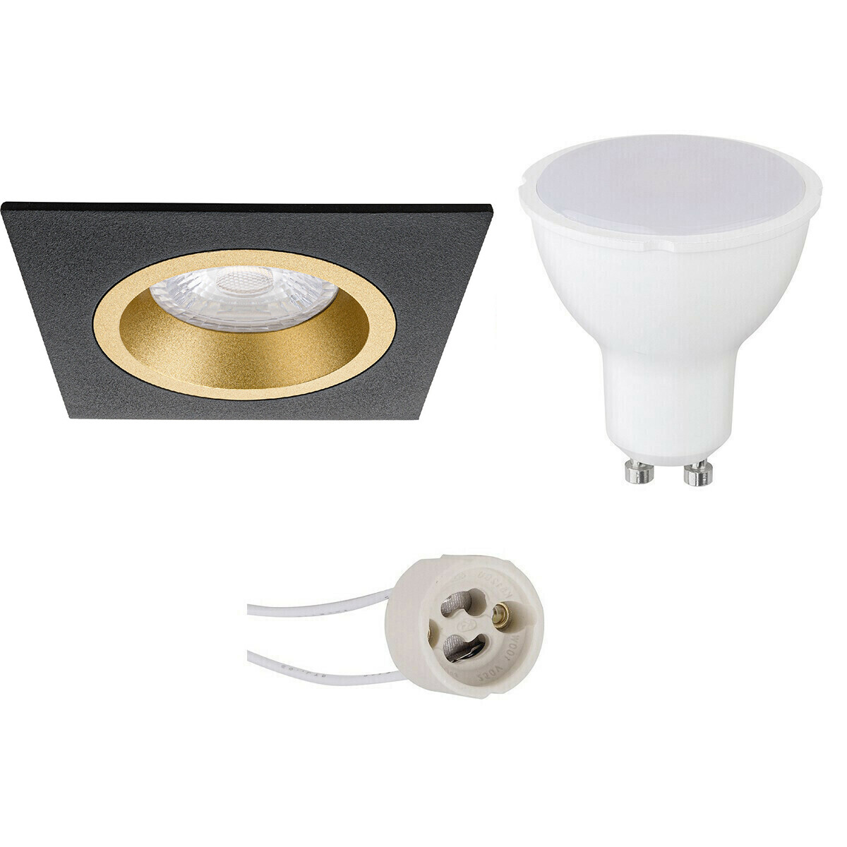 LED Spot Set - Aigi - Pragmi Rodos Pro - GU10 Fitting - Inbouw Vierkant - Mat Zwart/Goud - 8W - Helder/Koud Wit 6400K - 93mm