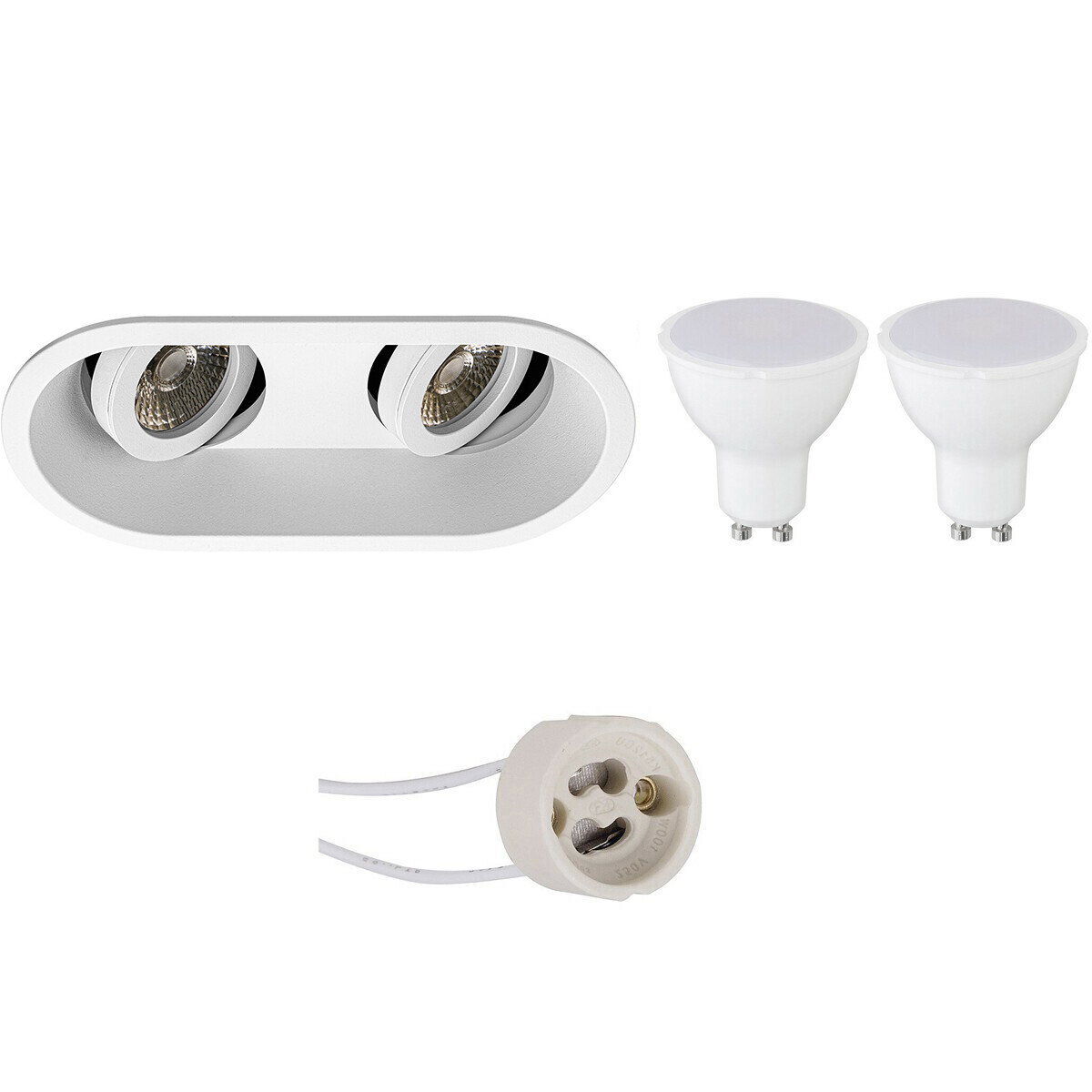 LED Spot Set - Pragmi Zano Pro - GU10 Fitting - Dimbaar - Inbouw Ovaal Dubbel - Mat Wit - 6W - Helder/Koud Wit 6400K - Kantelbaar - 185x93mm