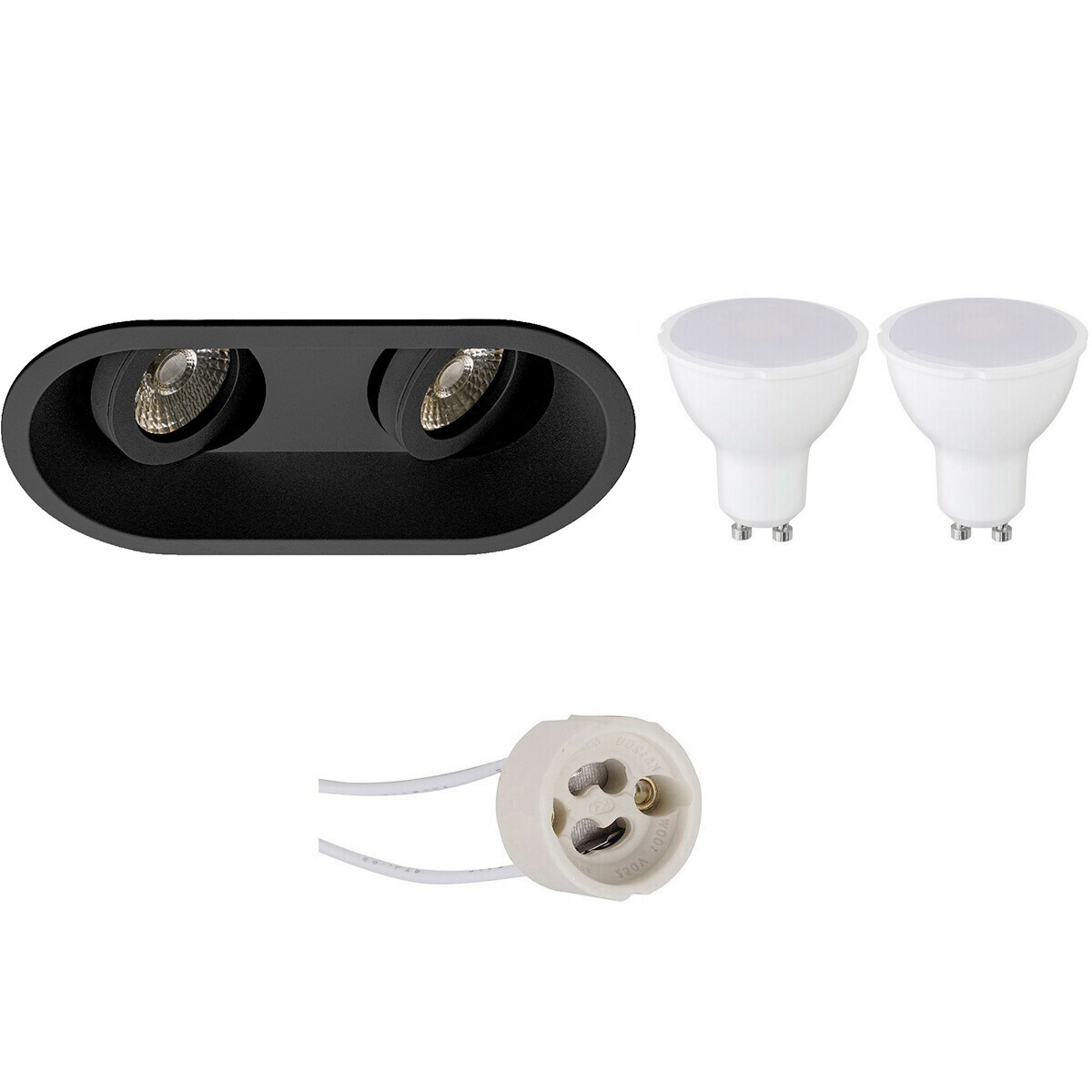 LED Spot Set - Aigi - Pragmi Zano Pro - GU10 Fitting - Inbouw Ovaal Dubbel - Mat Zwart - 8W - Helder/Koud Wit 6400K - Kantelbaar - 185x93mm