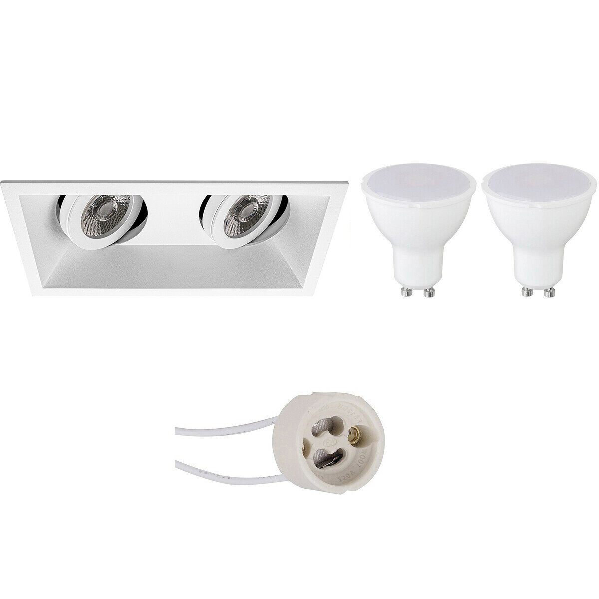 LED Spot Set - Pragmi Zano Pro - GU10 Fitting - Dimbaar - Inbouw Rechthoek Dubbel - Mat Wit - 6W - Helder/Koud Wit 6400K - Kantelbaar - 185x93mm