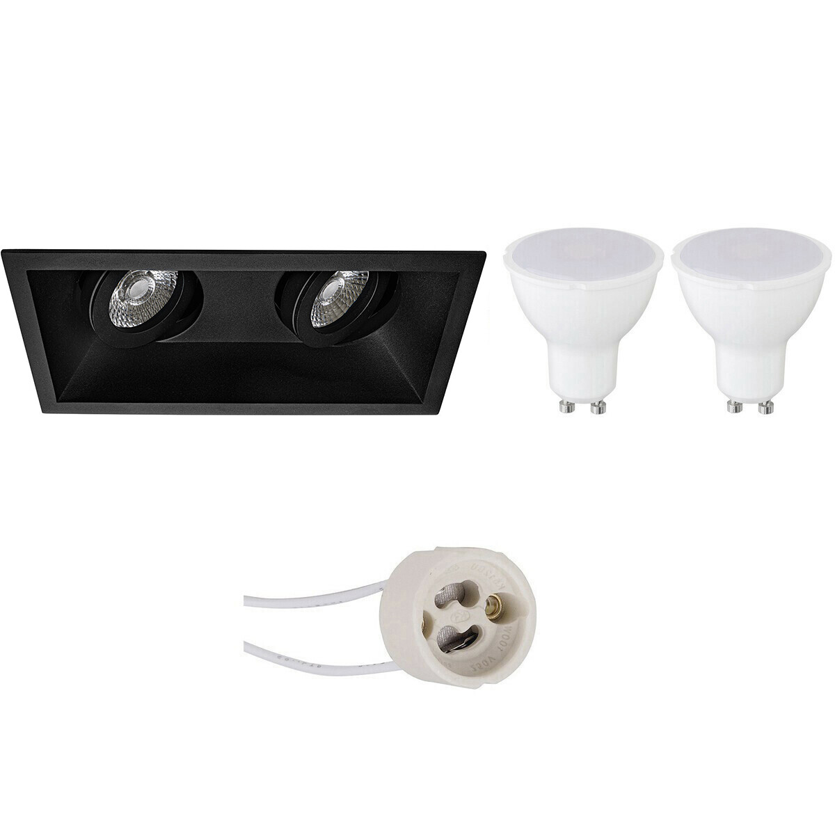 LED Spot Set - Pragmi Zano Pro - GU10 Fitting - Dimbaar - Inbouw Rechthoek Dubbel - Mat Zwart - 6W - Helder/Koud Wit 6400K - Kantelbaar - 185x93mm